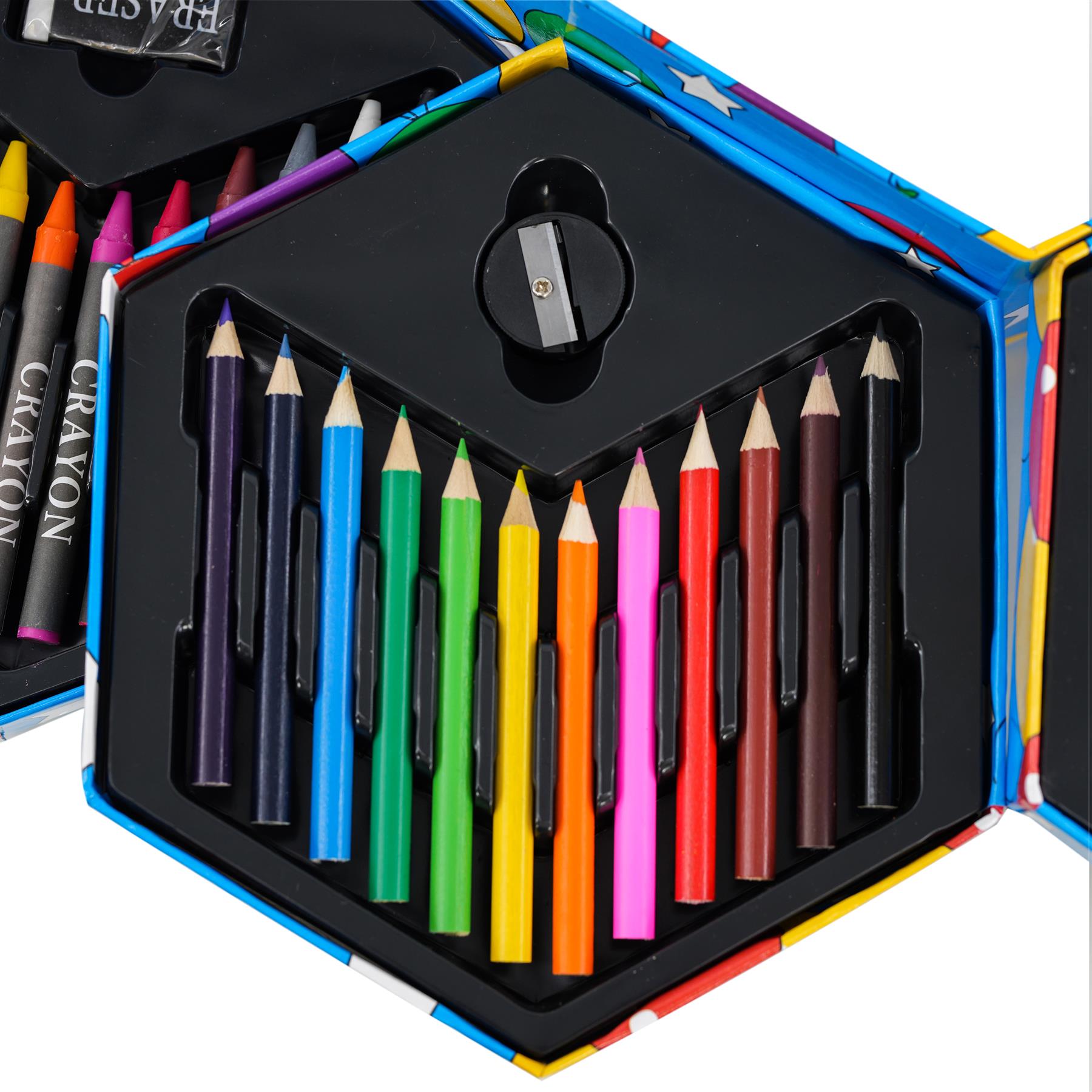 Black carrying case holding a variety of colored and dark crayons in organized slots.