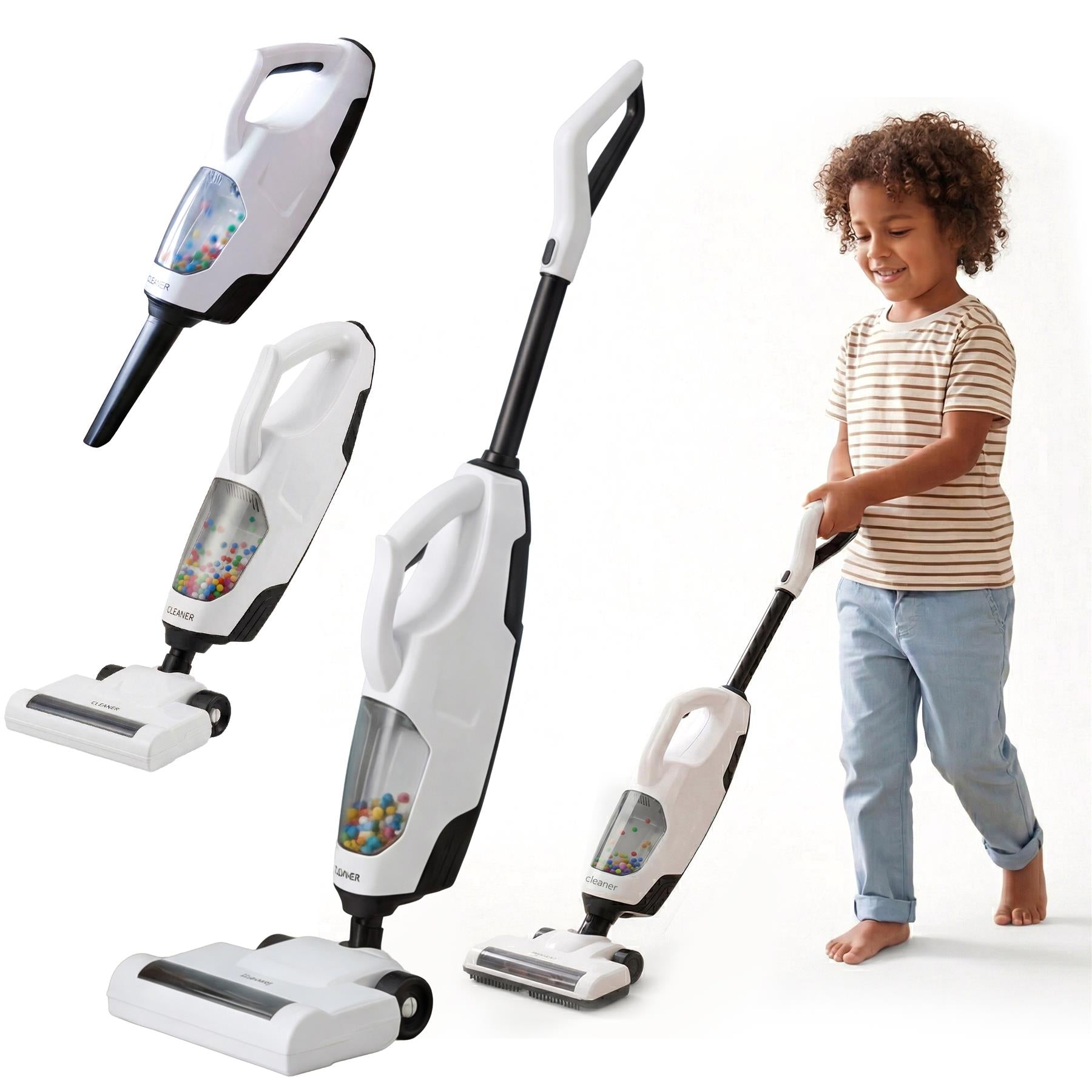The image displays various vacuum cleaners, including cordless sticks and a full-sized upright model.