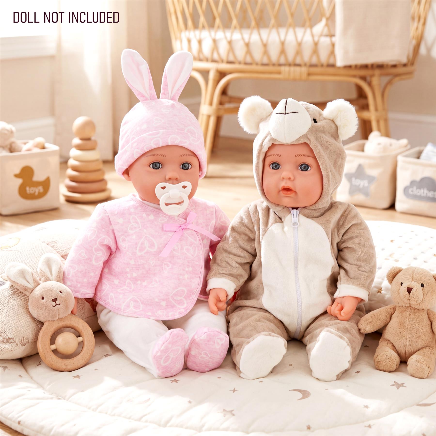 Dolls display two outfits: a pink bunny costume and a gray bear costume.