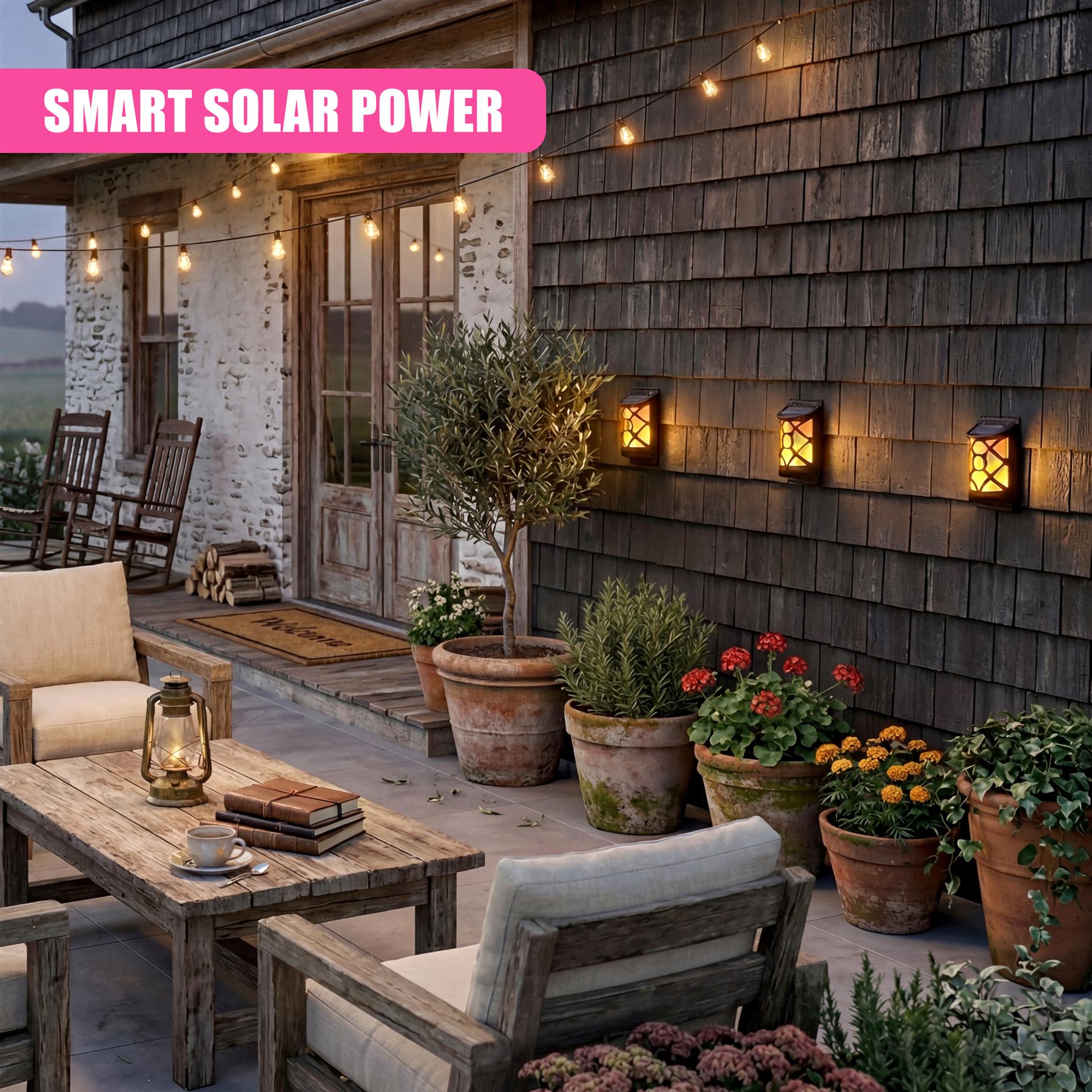 Several lantern-style wall lights are mounted on the dark wooden siding of the building.