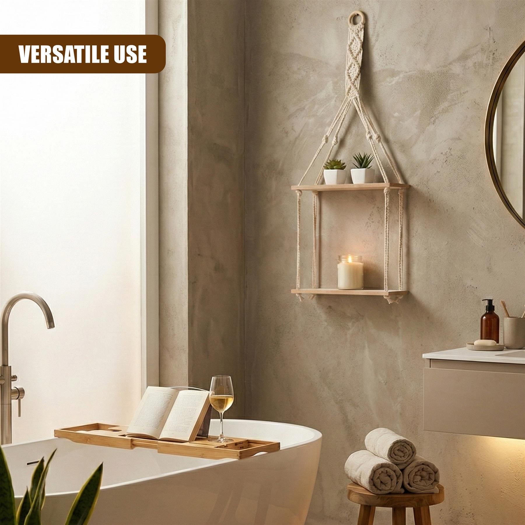 A bathroom with a bathtub, a book, a glass of wine, and a wooden tray with a book, wine glass, and a small bowl. The tub has a few towels on a stool. A macrame shelf hangs on the wall with a few plants and a candle. The room has a neutral color scheme with a focus on natural materials. - The Magic Toy Shop