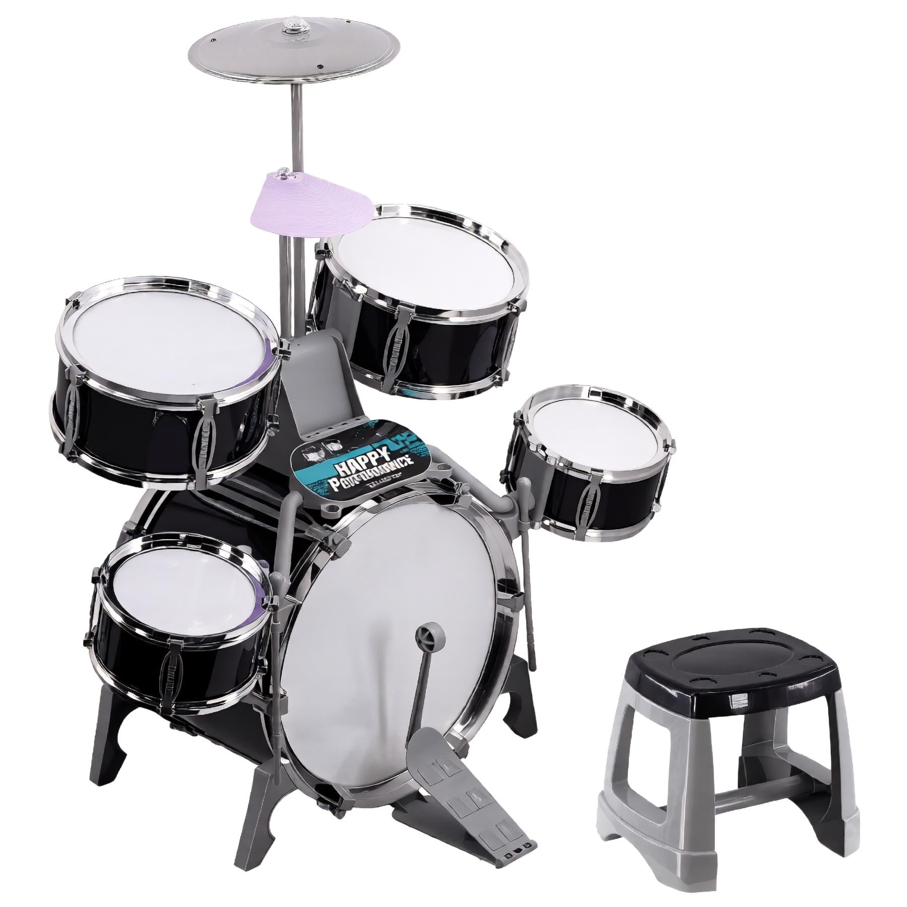 A child's drum set with five drums, a cymbal, and a stool. The drums are black with silver hardware, and the cymbal is attached to a stand. The stool is black with a white base. The drum set is called "Happy Performance" and has a blue and black design on the seat of the stool. The background is white. - The Magic Toy Shop