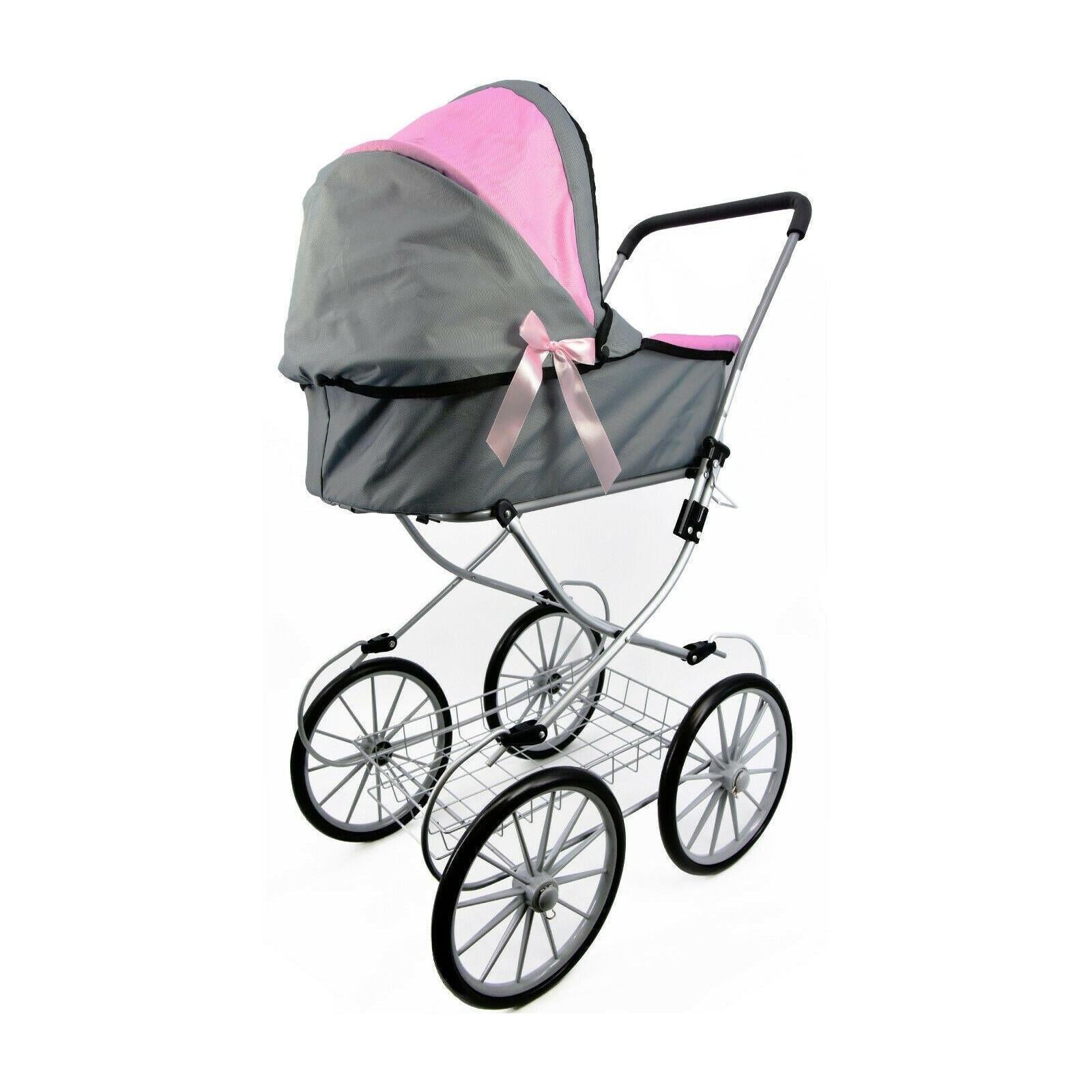 Pink and Grey Vintage Cambridge Doll Pram by BiBi Doll - The Magic Toy Shop
