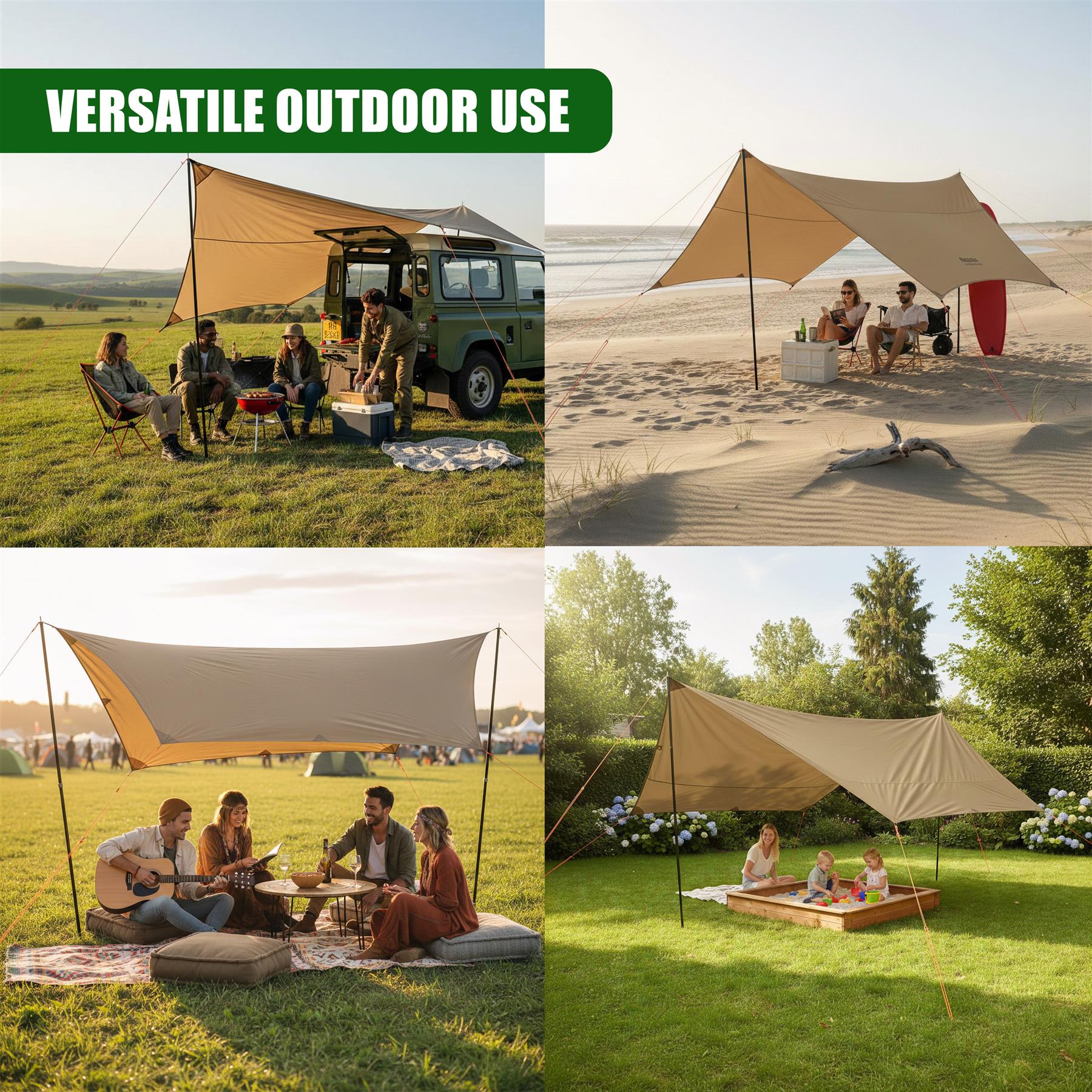 Tarp shelters are set up in various locations, including a beach, field, and manicured lawn for camping.