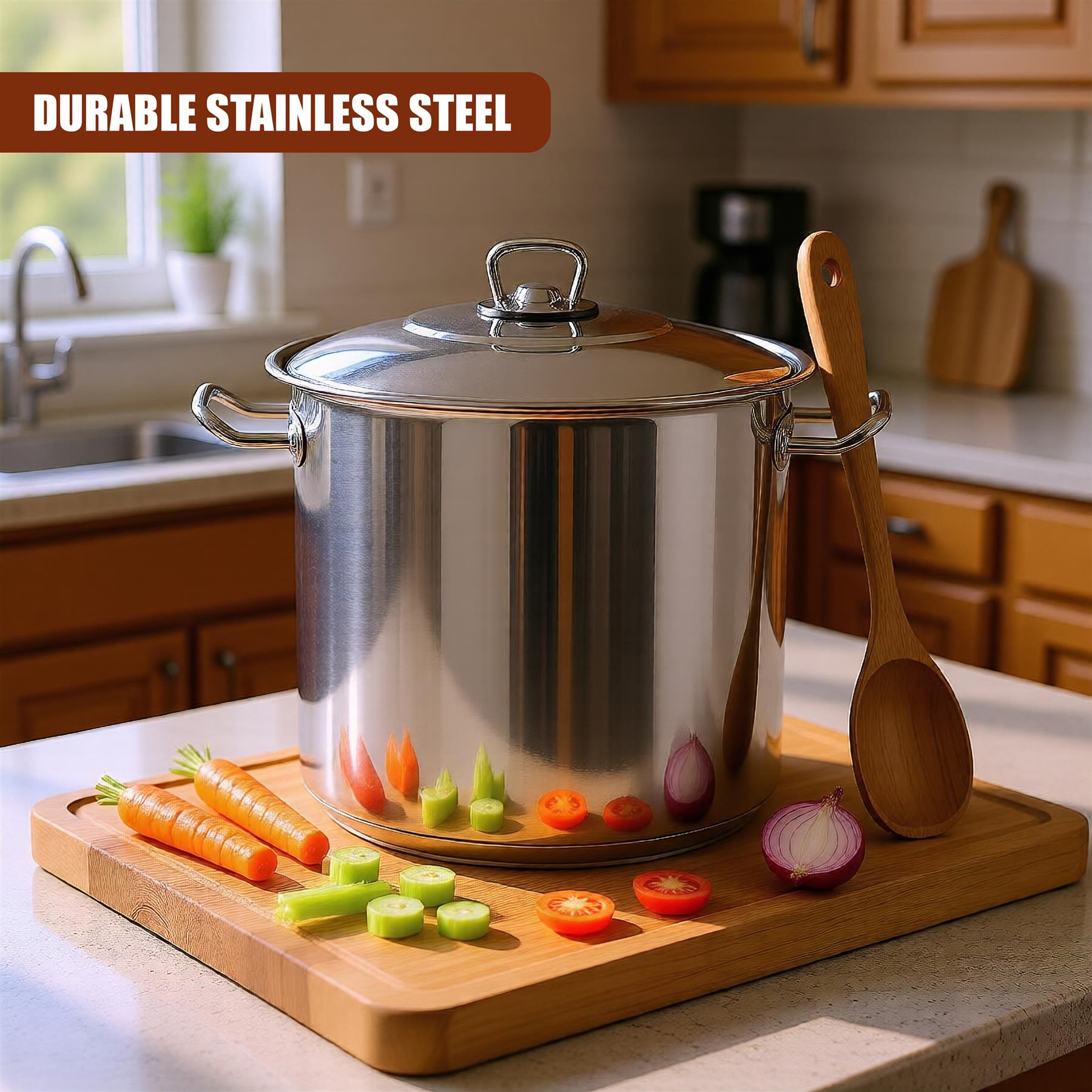 Large stock pot setup on a cutting board with vegetables and a wooden ladle.