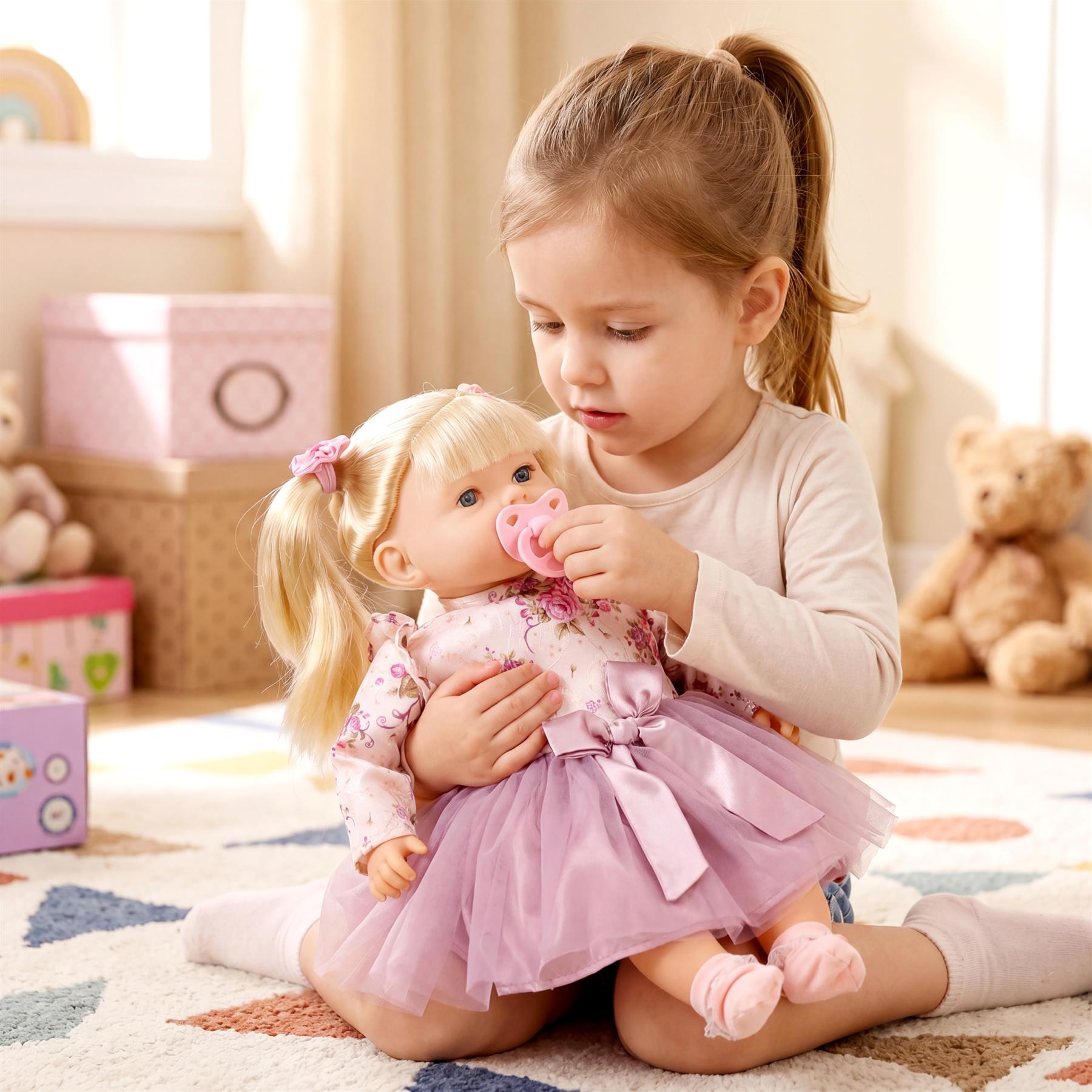 A young girl sits with a blonde baby doll, appearing to feed it a pacifier in a brightly lit room.