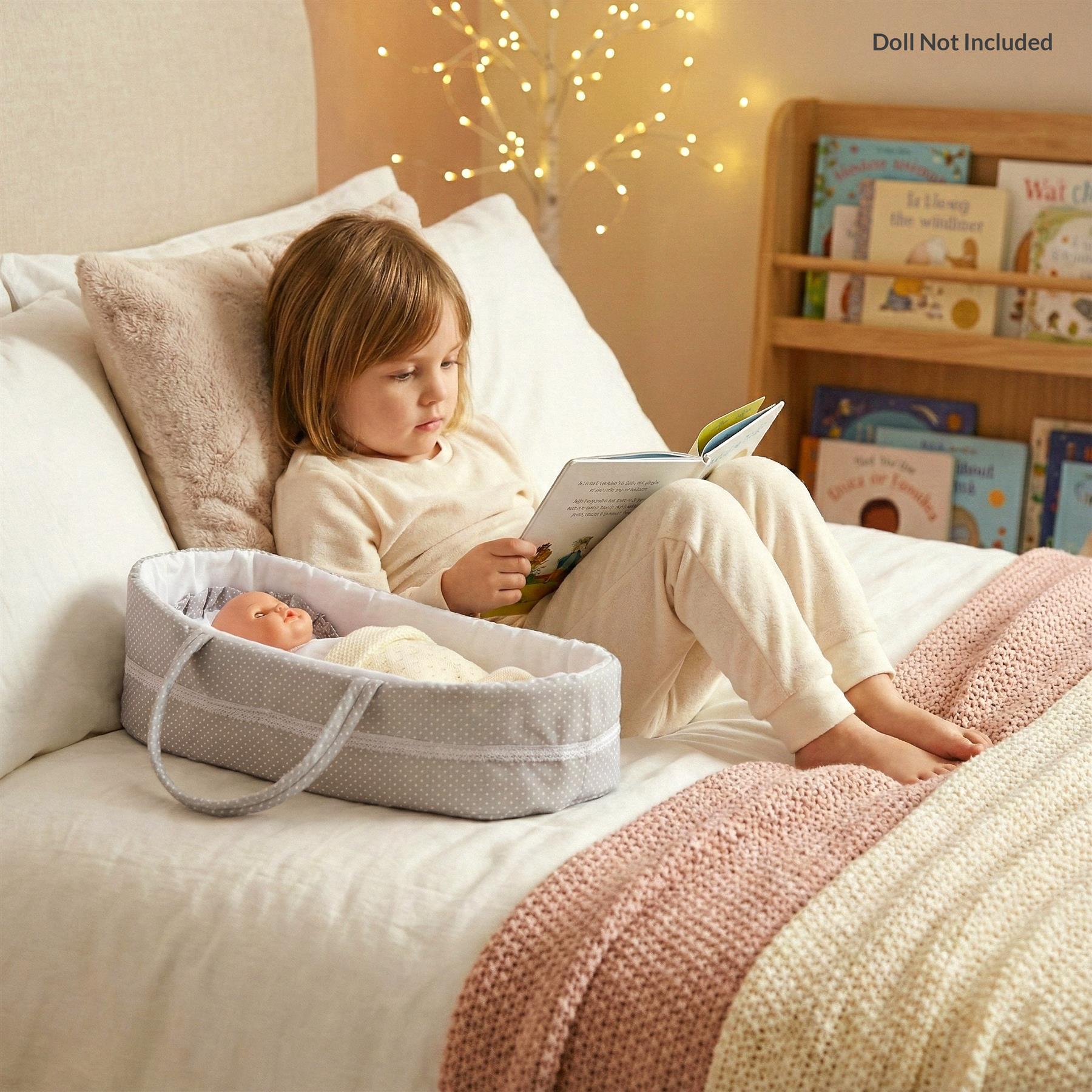 A young girl lies on a bed, reading a book while holding a baby doll in a gray and white polka dot bassinet. The bassinet is placed on the bed, next to the girl, and features a soft, cushioned design with a handle for easy carrying. The girl is wearing a light-colored, long-sleeved shirt and pants, and her hair is styled in a simple, short- or medium-length hairdo. The bed is a simple, unadorned bed with a white or light-colored bedspread, and there are several books and other books or… - The Magic Toy Shop