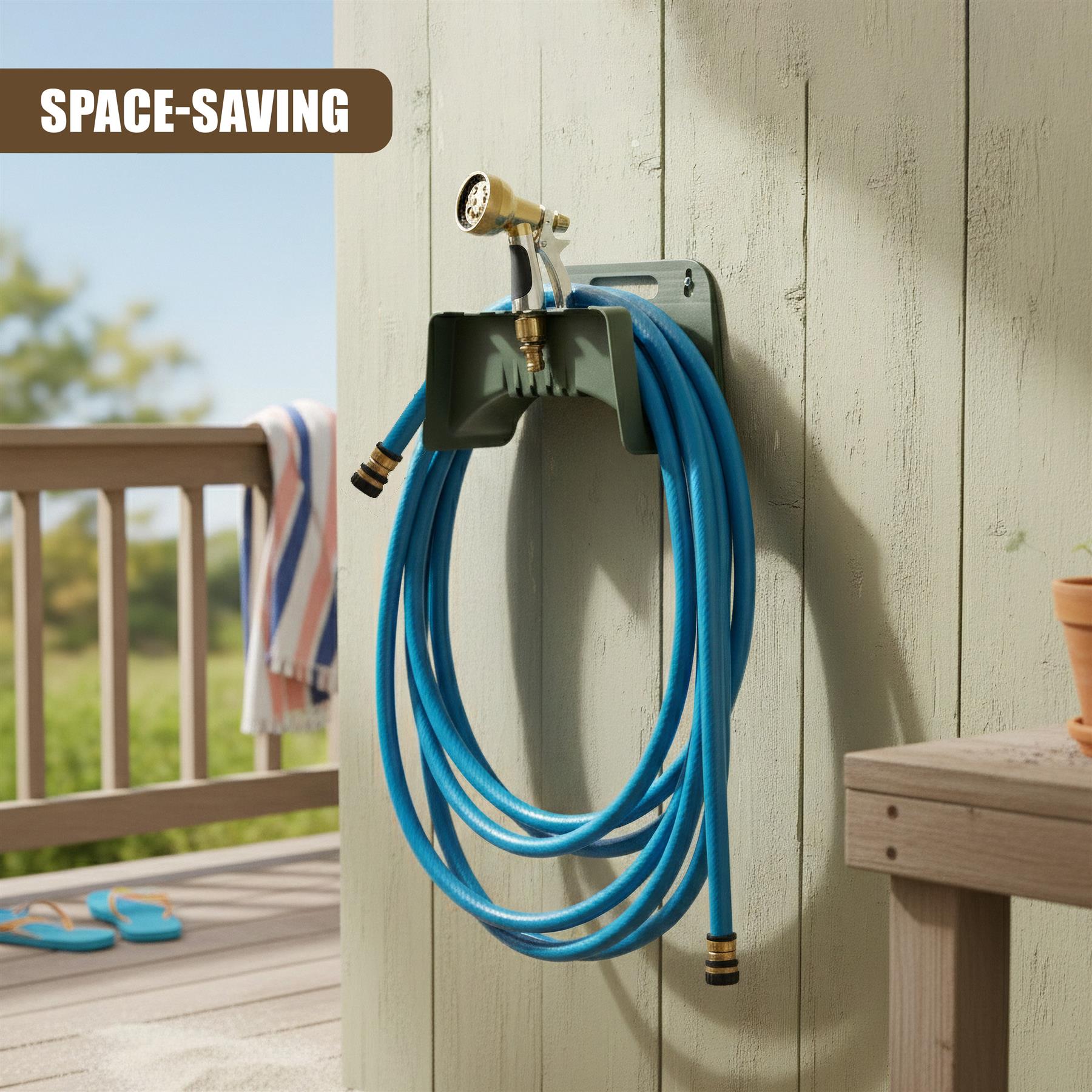 Hose holder mount on a wooden wall supports a coiled bright blue garden hose.