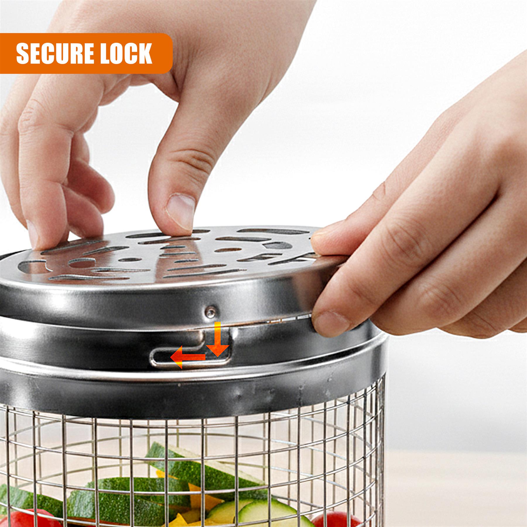 A pair of hands lifts the perforated metal lid off the wire grill basket.