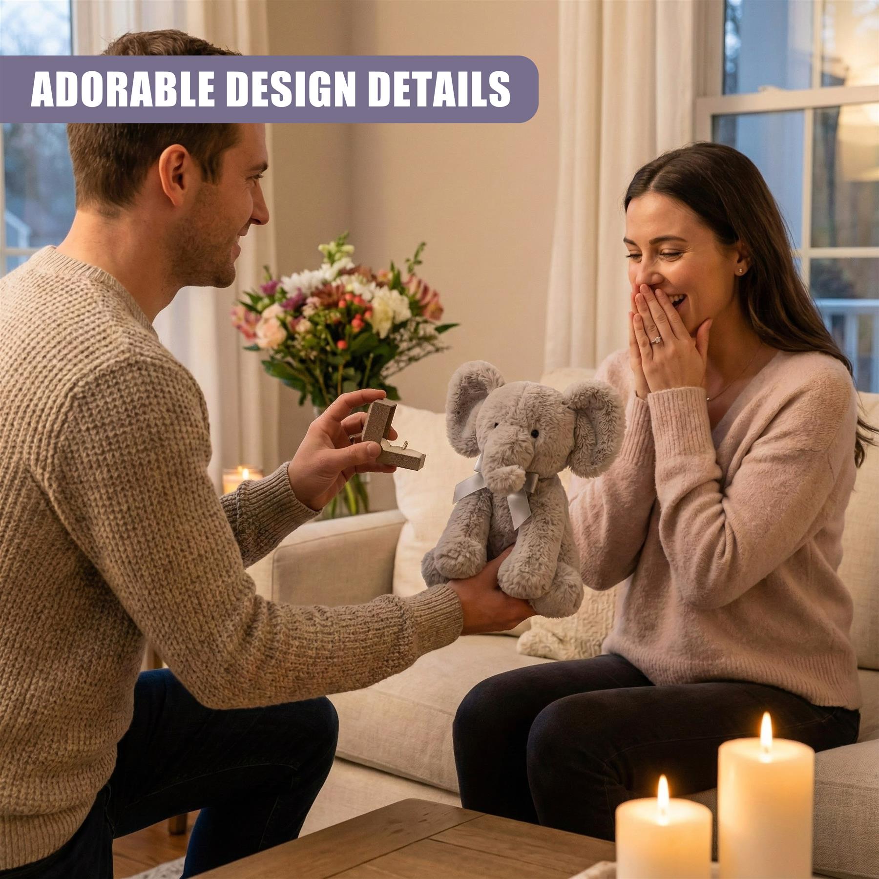 A plush elephant toy is held by a man proposing to a woman, with the elephant wearing a tiny bow tie and a ring on its neck. - The Magic Toy Shop