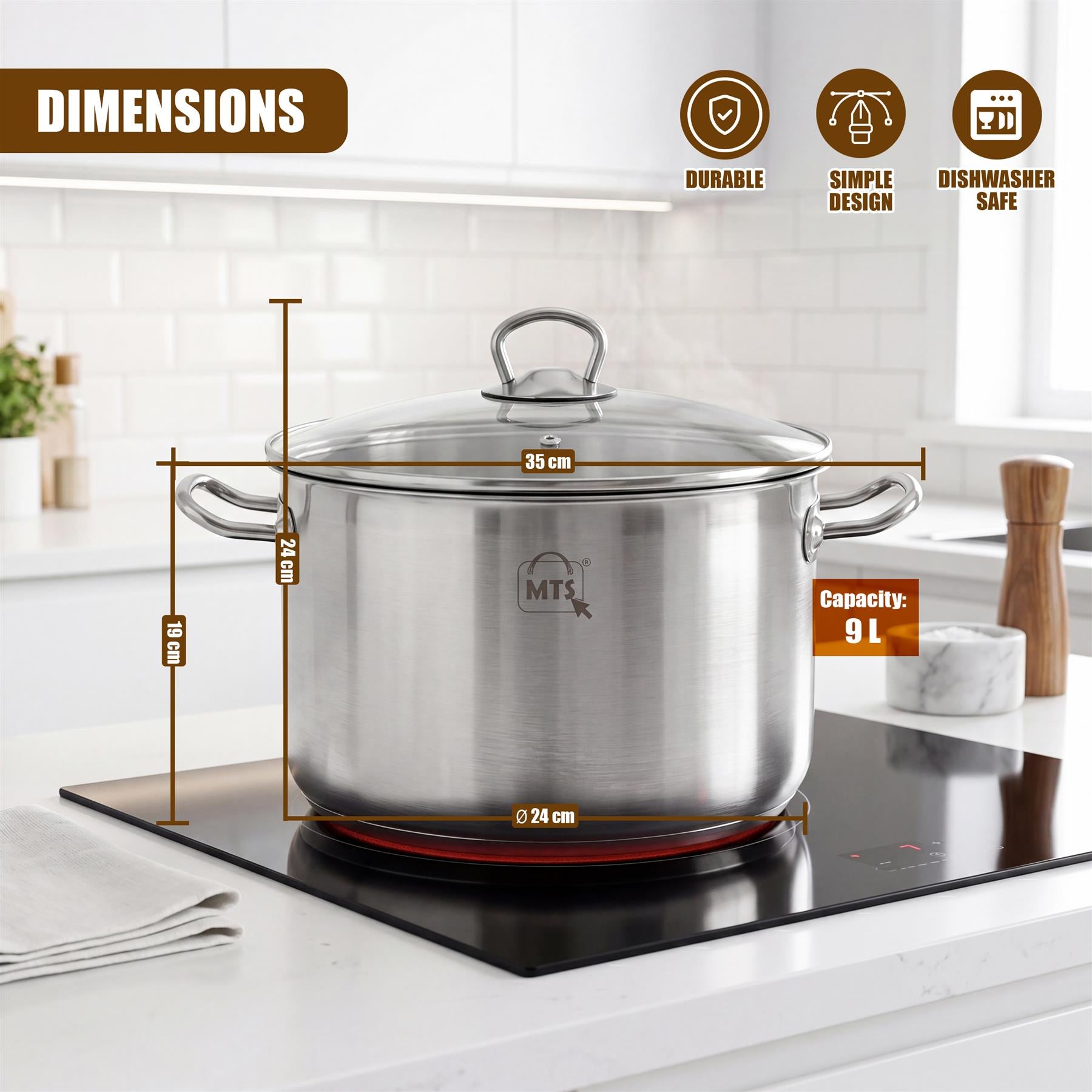 Stainless Steel Stock Pot with Glass Lid - 9 L