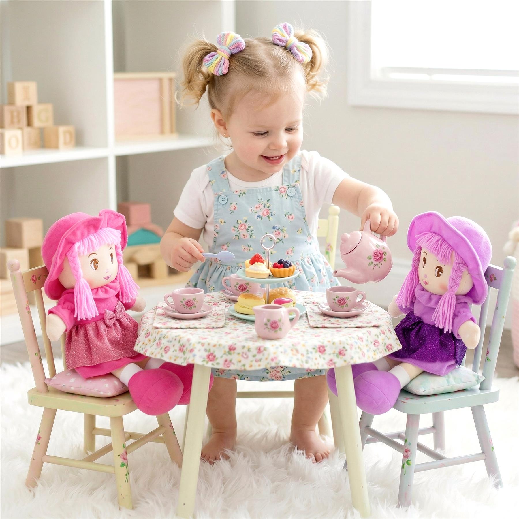Three dolls sit at a tea party with a young girl and miniature treats.