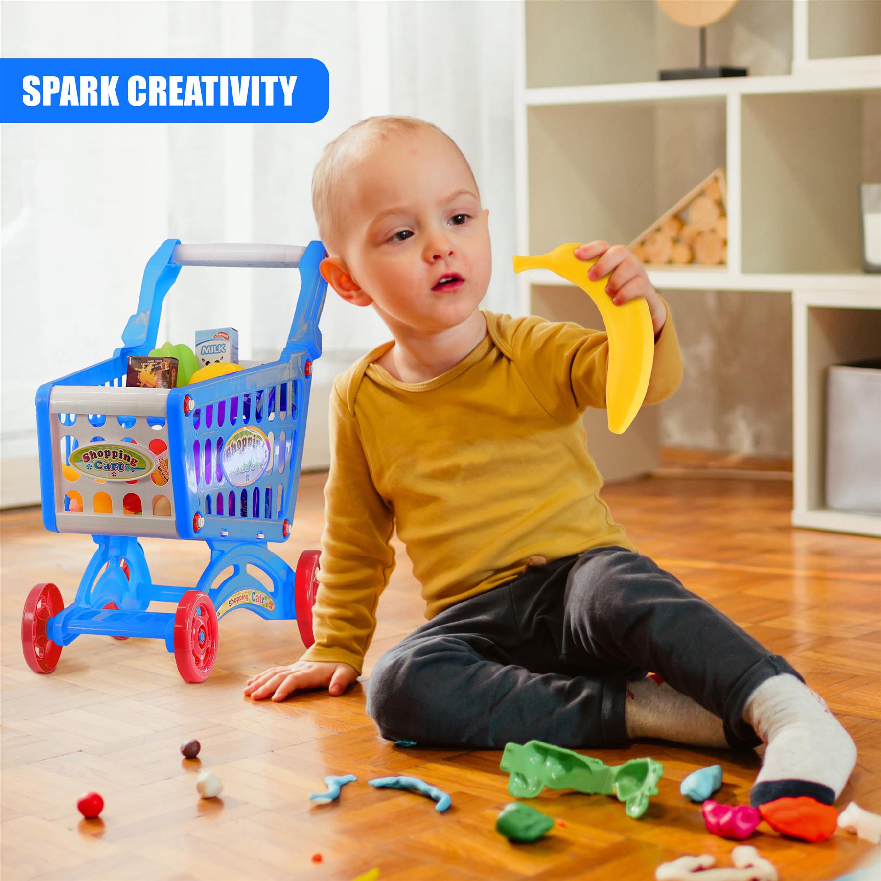 Blue Shopping Trolley Cart Play Food Set by The Magic Toy Shop - The Magic Toy Shop