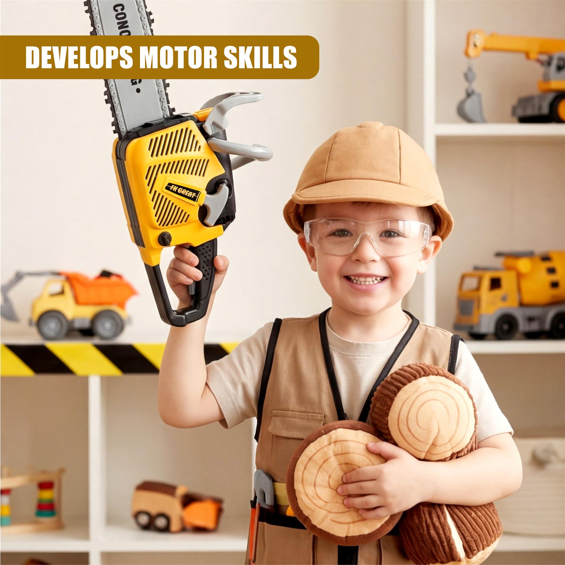 Young boy in safety gear holds a yellow toy chainsaw and two wooden logs near construction toys.