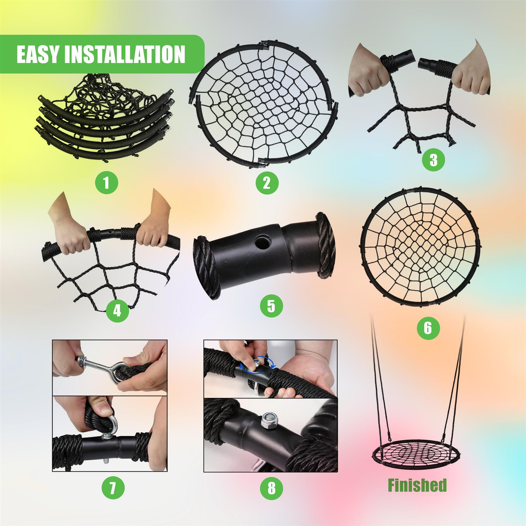 Assembly steps show connecting metal coils, circular mesh netting, ropes, and suspension hardware.
