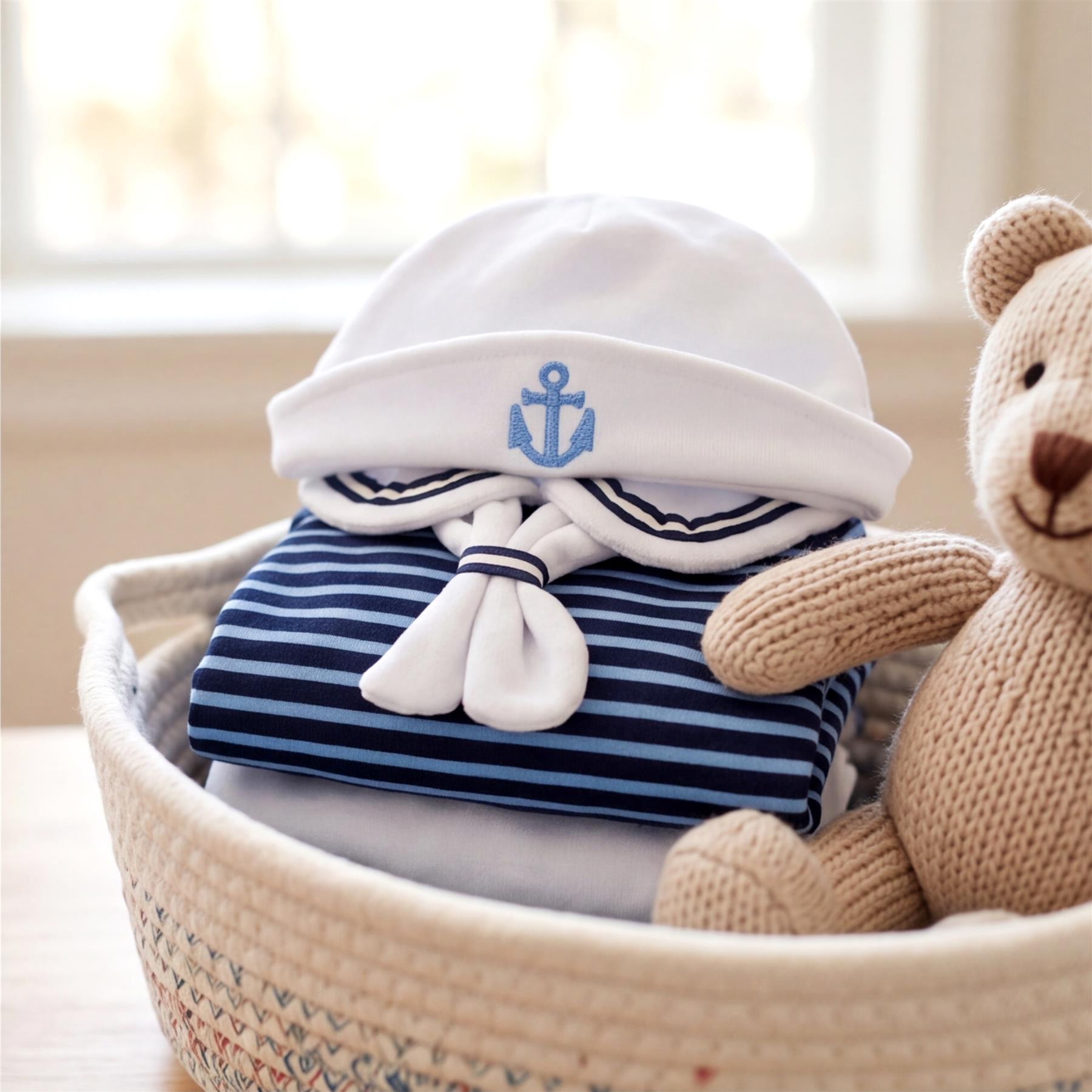 A striped sailor outfit and white hat featuring an anchor, displayed with a teddy bear.