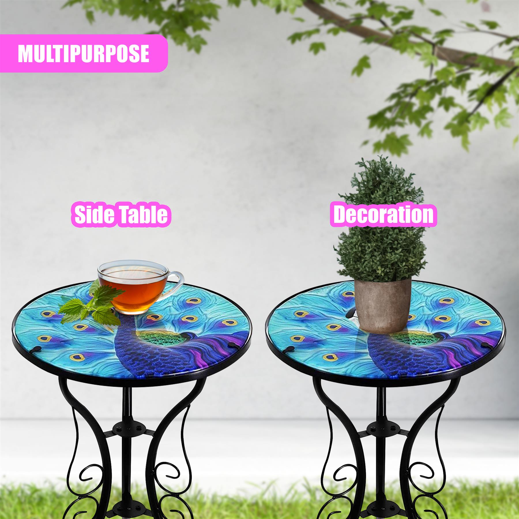 Round Side Mosaic Garden Table With Blue Peacock Design by Geezy - The Magic Toy Shop