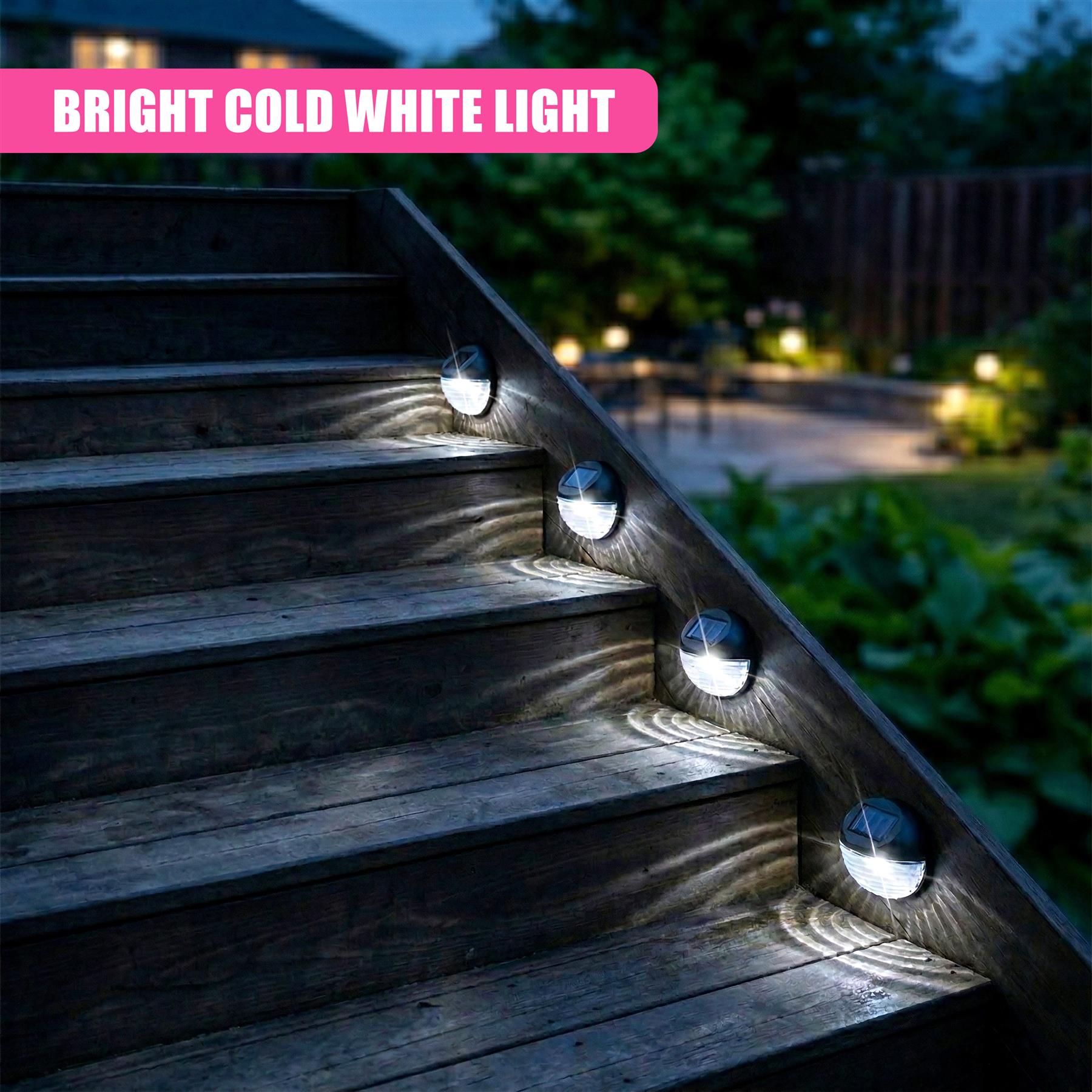 Black, dome-shaped solar lights installed along the steps of wooden outdoor stairway.