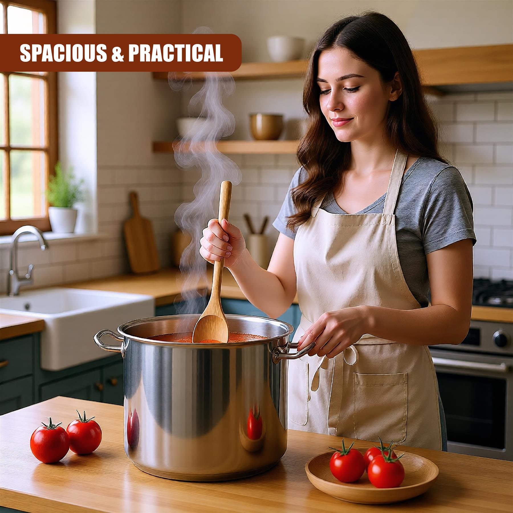 A woman stirs liquid in a large stainless steel stock pot; red tomatoes are visible on the counter.