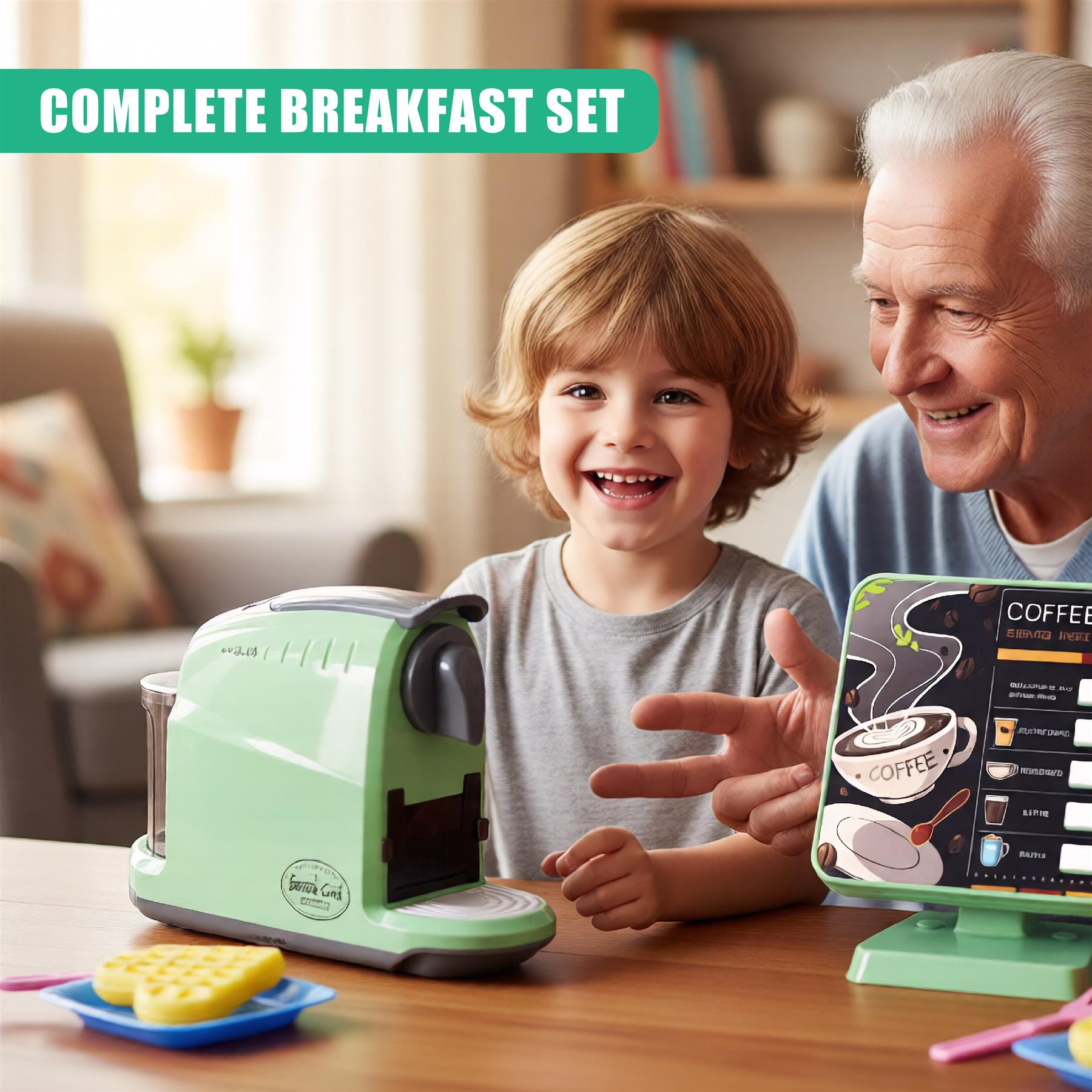 A child and an older adult sit at a table with a toy coffee machine and a screen displaying a coffee menu. The child is holding a toy coffee cup and smiling at the screen. - The Magic Toy Shop