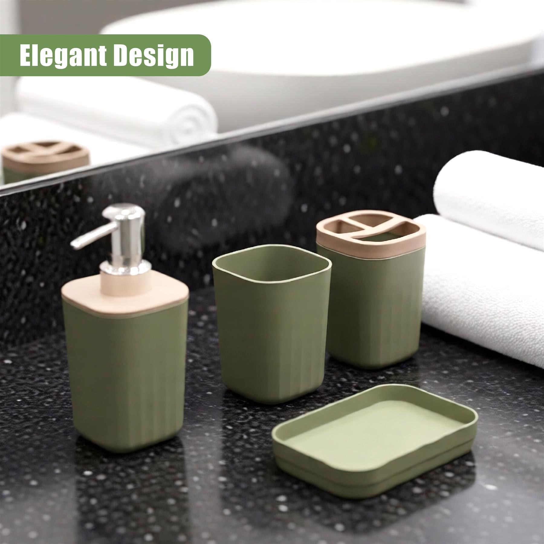 Matte green bathroom set featuring dispenser, cup, storage container, and rectangular soap dish.