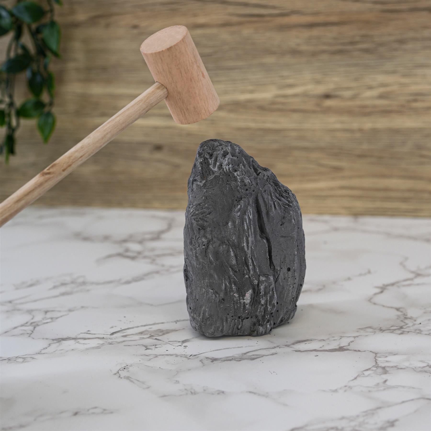 A wooden pick rests next to a large, dark gray rock on a white marble surface.