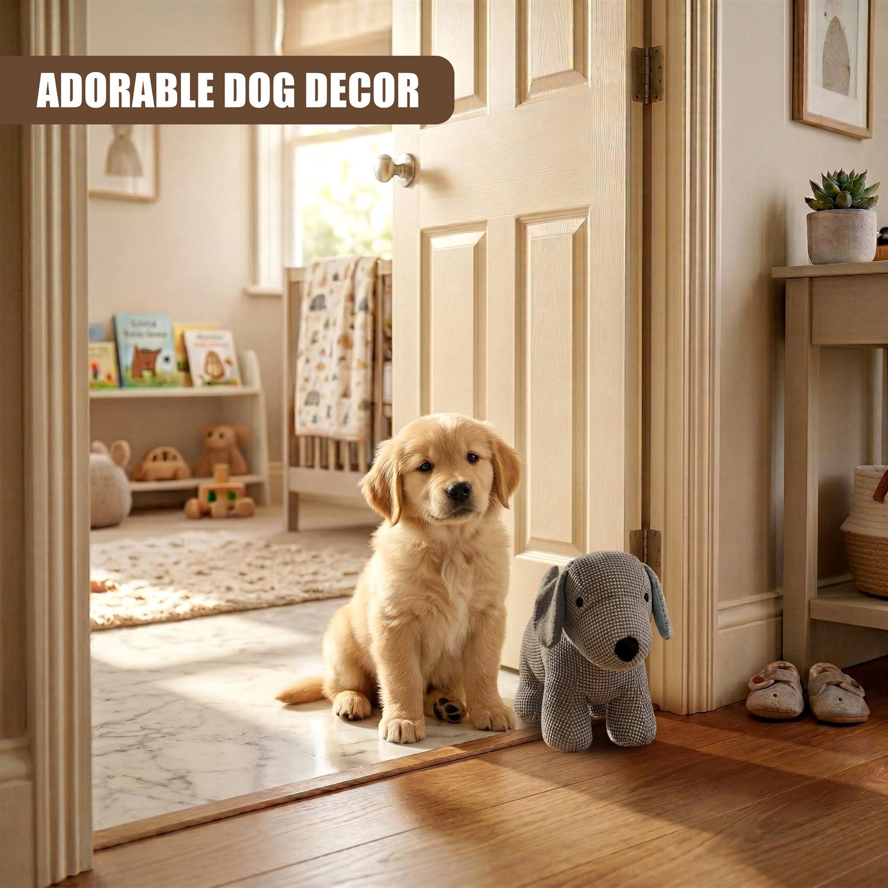 Stuffed dog door stopper next to a seated golden retriever dog in a decorated home entryway.