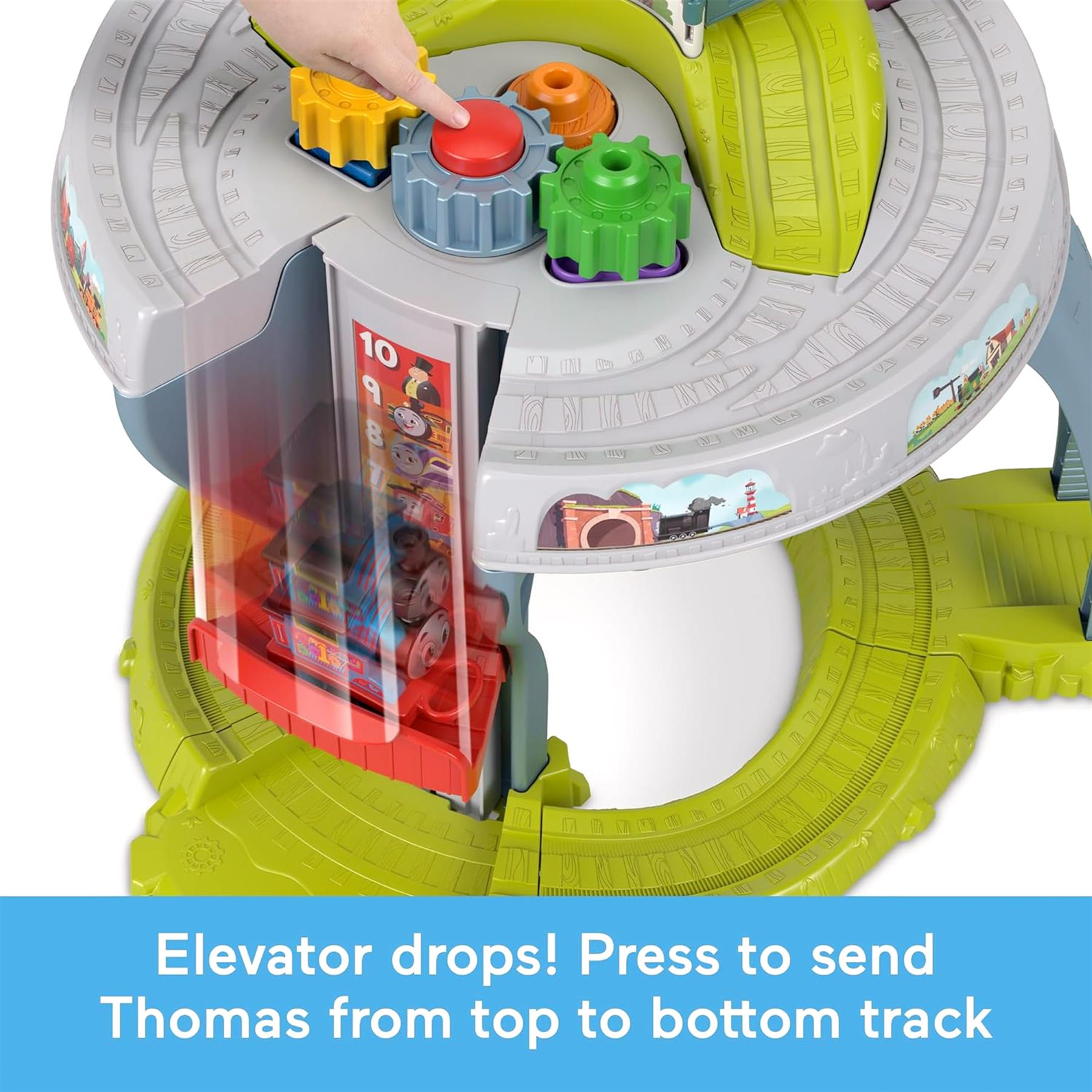 A hand presses a multi-colored button, lowering a train from the upper track to the lower track.