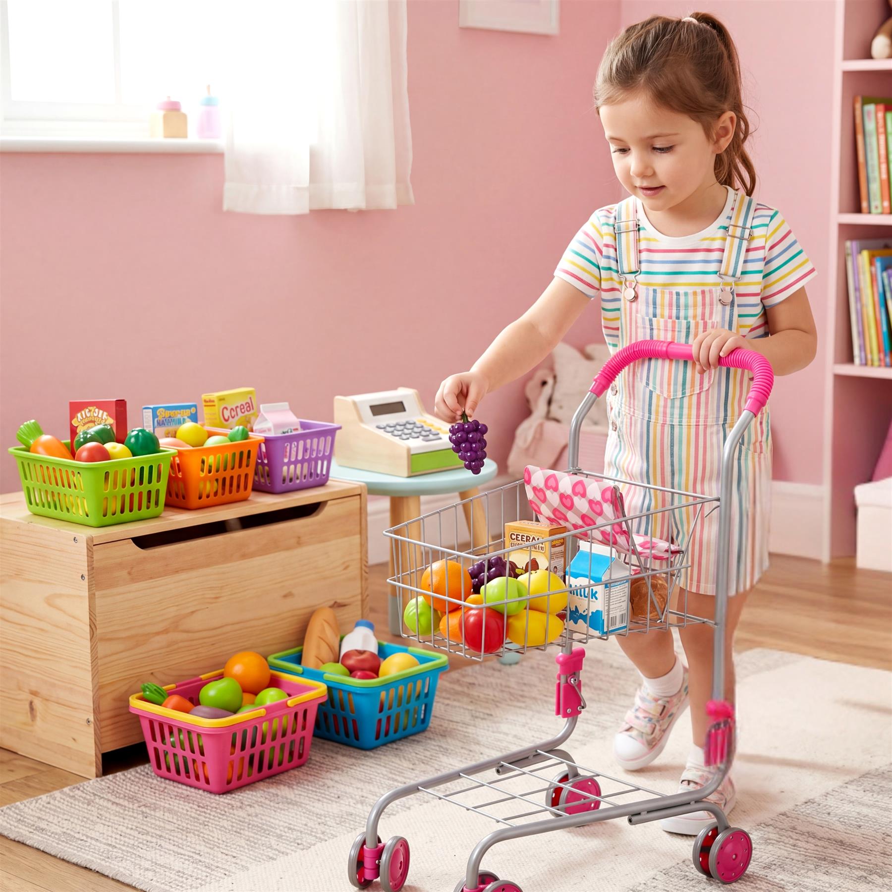 A young girl interacts with a toy shopping trolley and play grocery accessories.