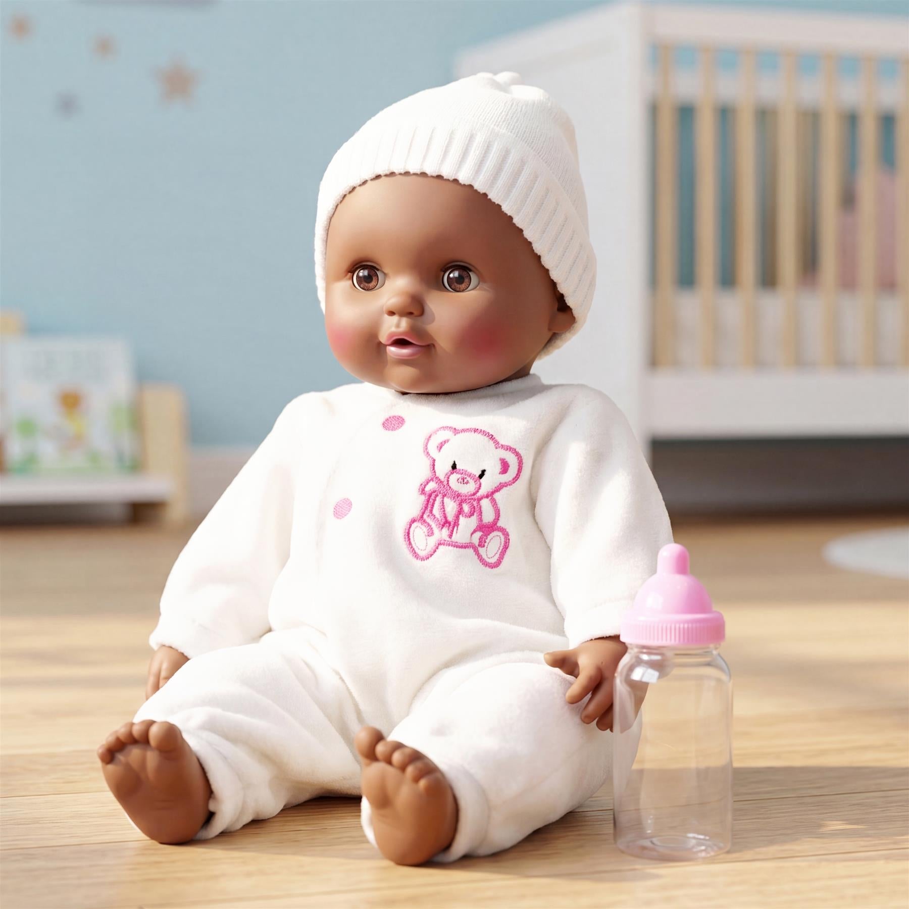 Black stuffed doll depicting a sleeper, measuring 40 centimeters high on a solid surface.