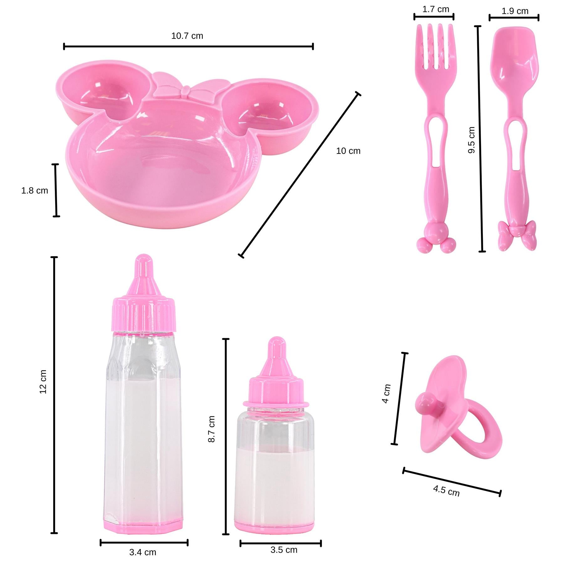 Pink toy feeding set includes two bottles, bowl, utensil fork and spoon, and pacifier.