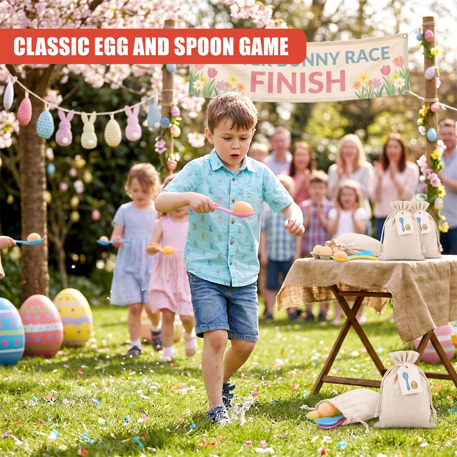Children participate in a colorful outdoor egg and spoon race game.