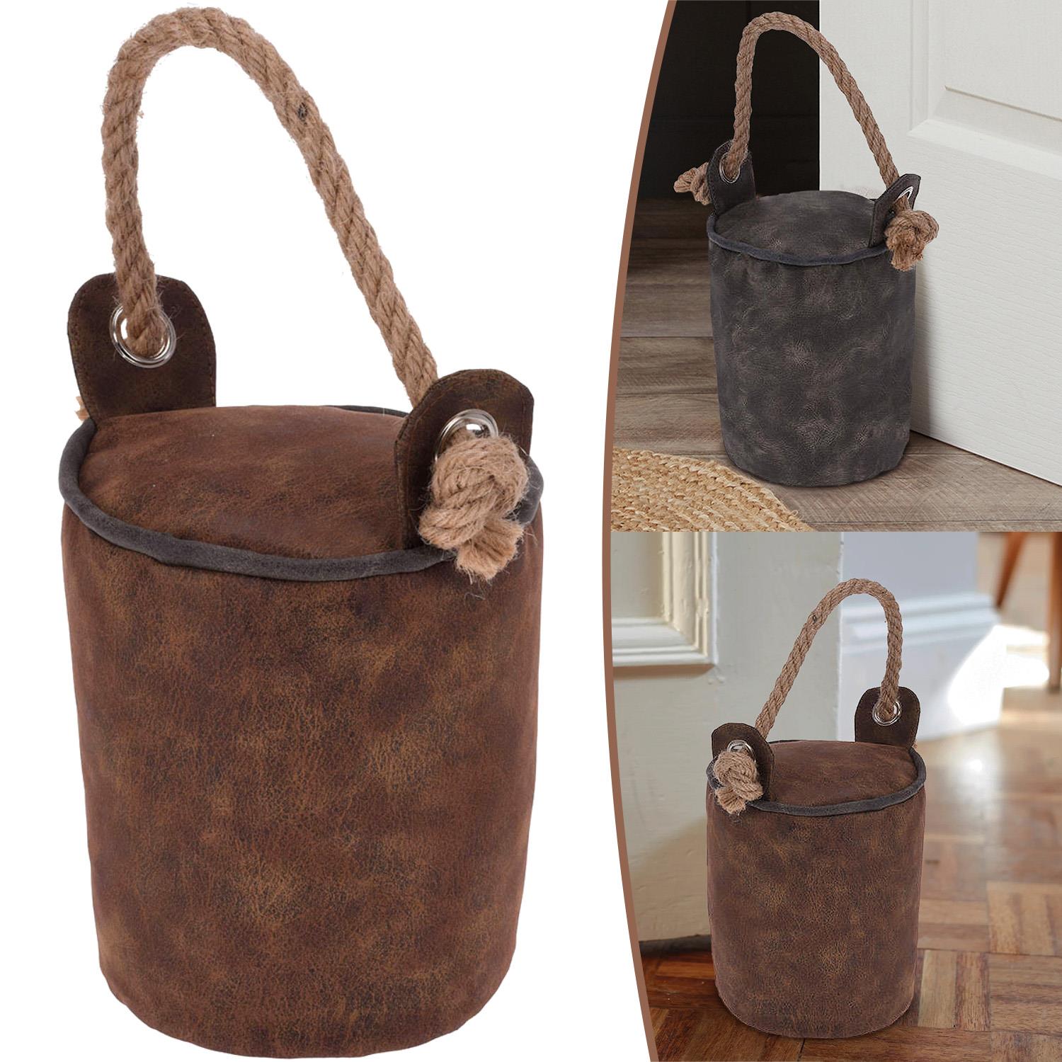 A brown leather doorstop with a rope handle, designed to prevent doors from closing or opening. - The Magic Toy Shop