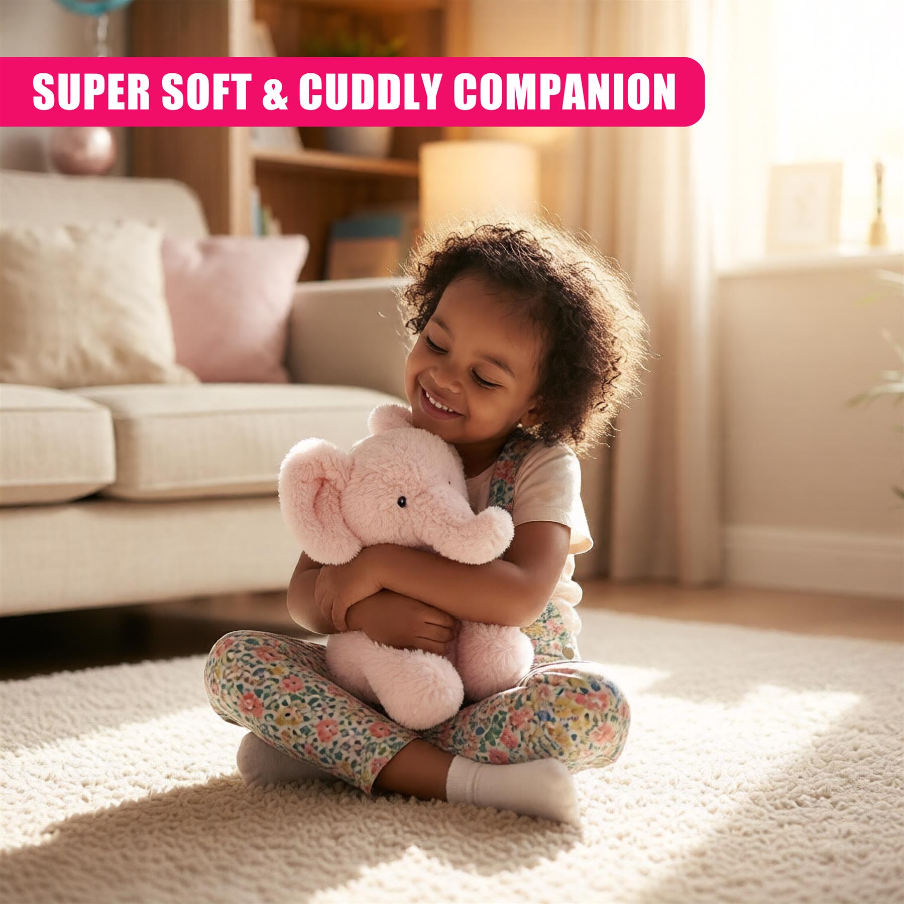 A young girl smiles while sitting on a cream rug, holding a plush pink elephant toy.