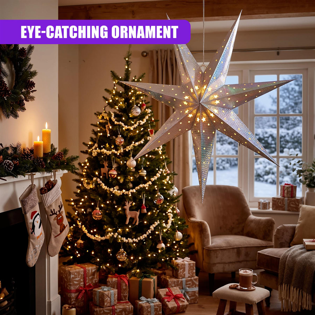 A silver LED paper star lantern hangs on a decorated Christmas tree in a cosy living room