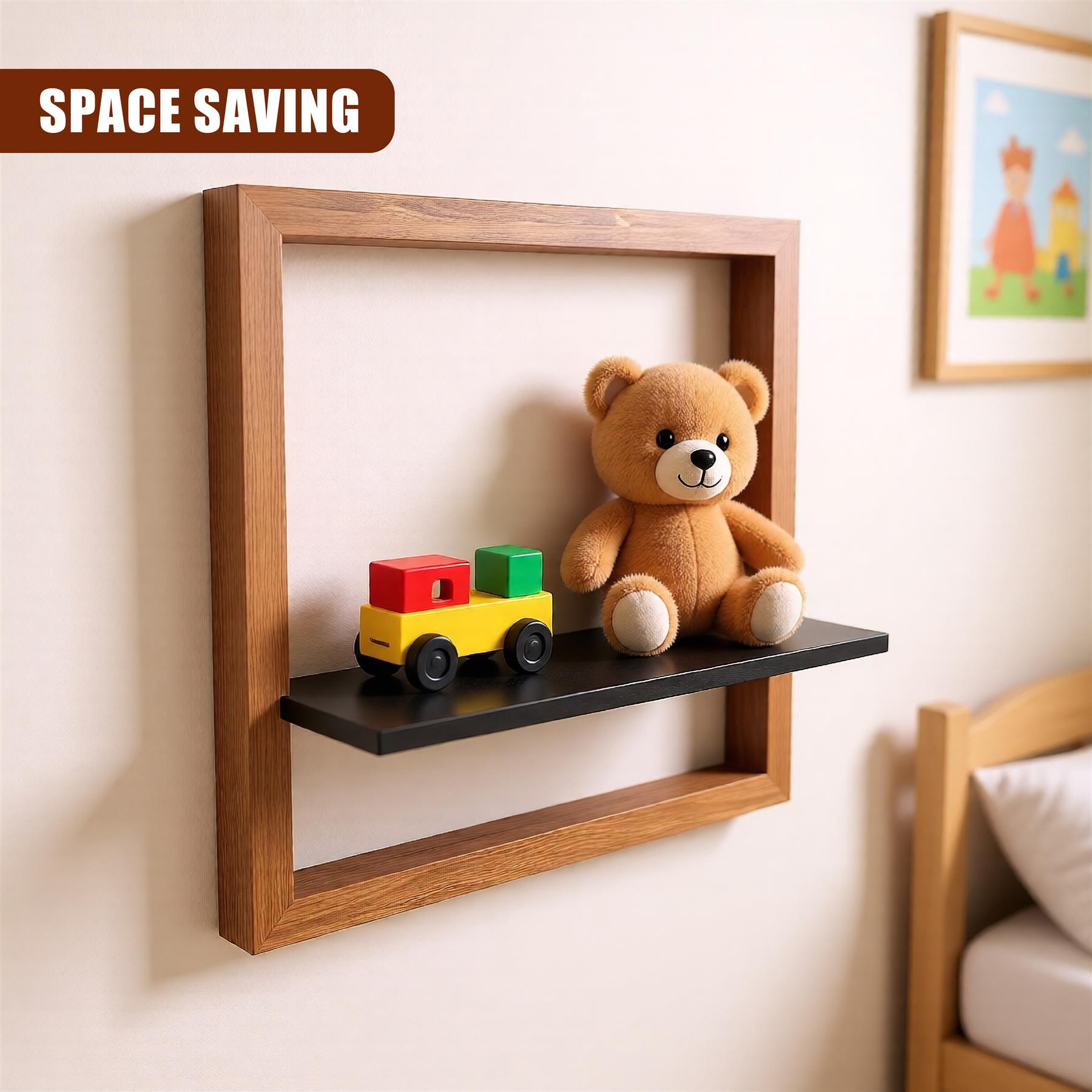 "A modern and minimalist storage solution, this wall shelf features a dedicated space for a toy car and teddy bear while keeping the items neatly organized." - The Magic Toy Shop
