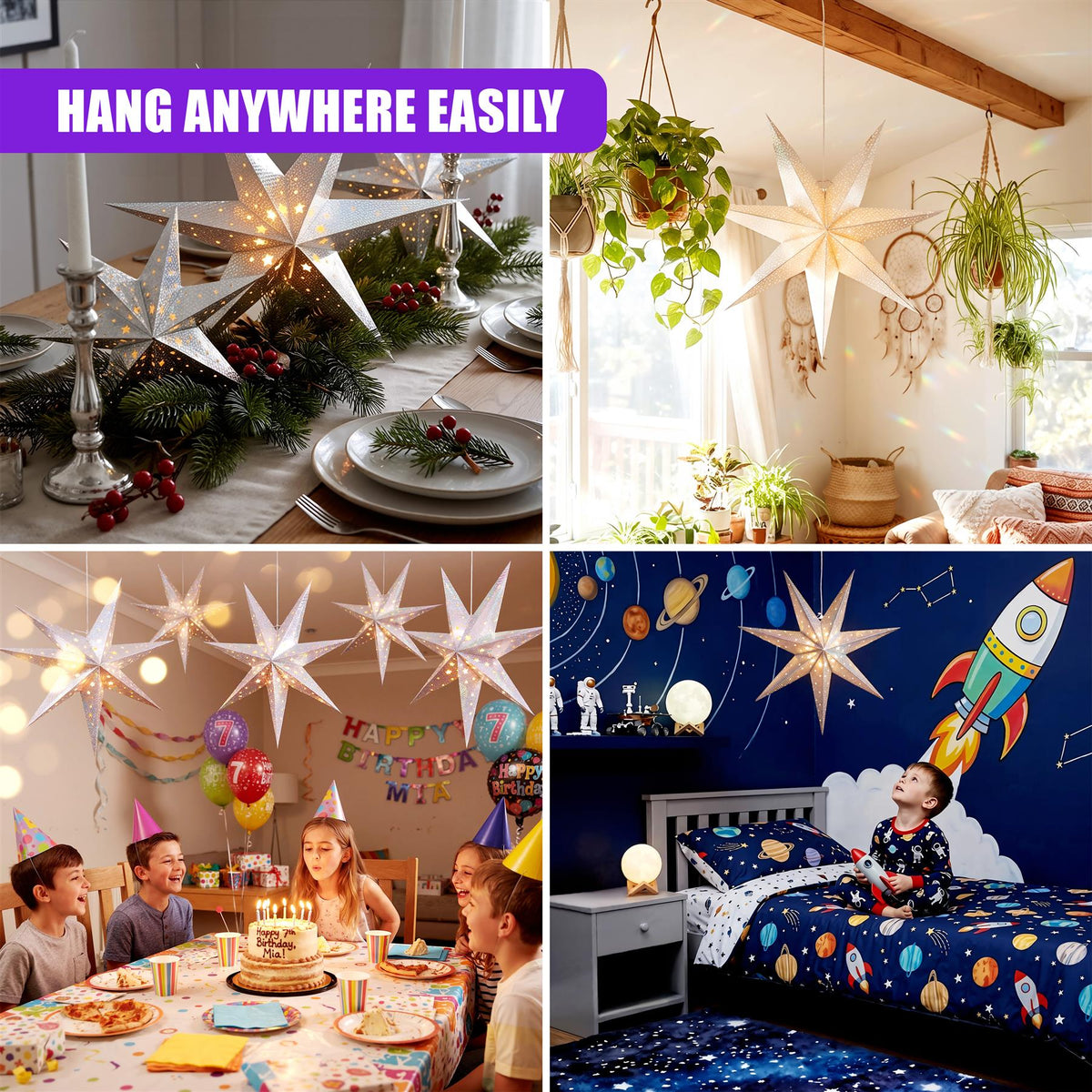 GEEZY LED Hanging Paper Star lanterns shown in various festive settings, including a table and bedroom