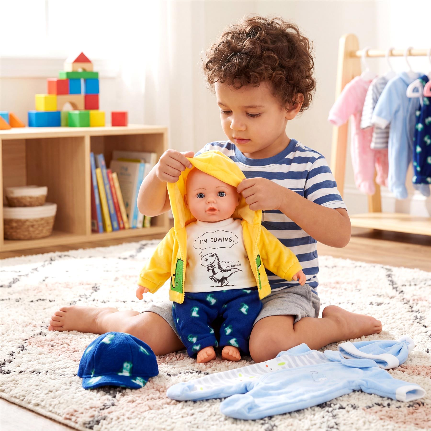 A boy interacts with a doll wearing a dinosaur outfit, surrounded by blue and yellow doll clothes on the floor.
