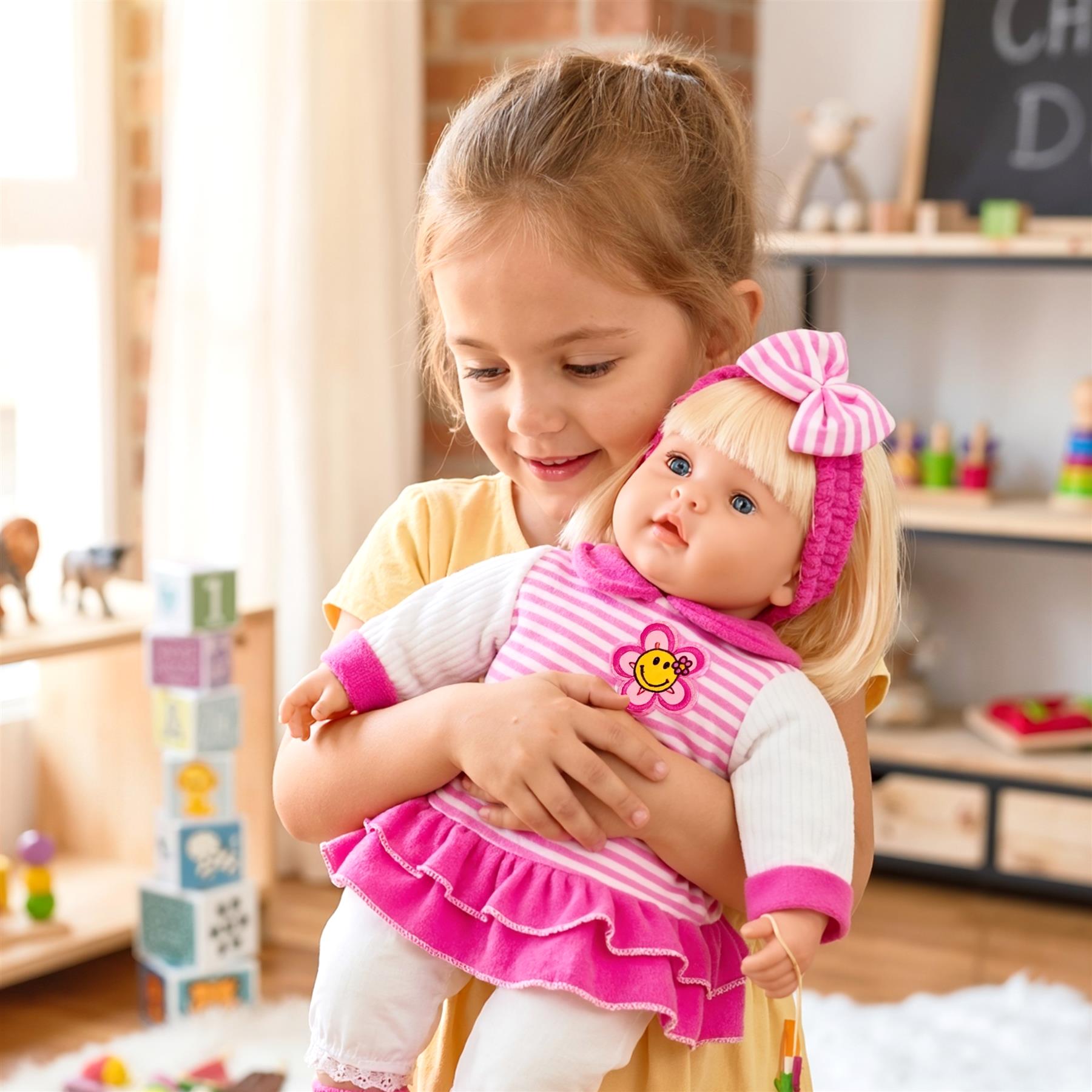 Full-sized doll depicting a baby girl with brown hair wearing yellow patterned clothes.