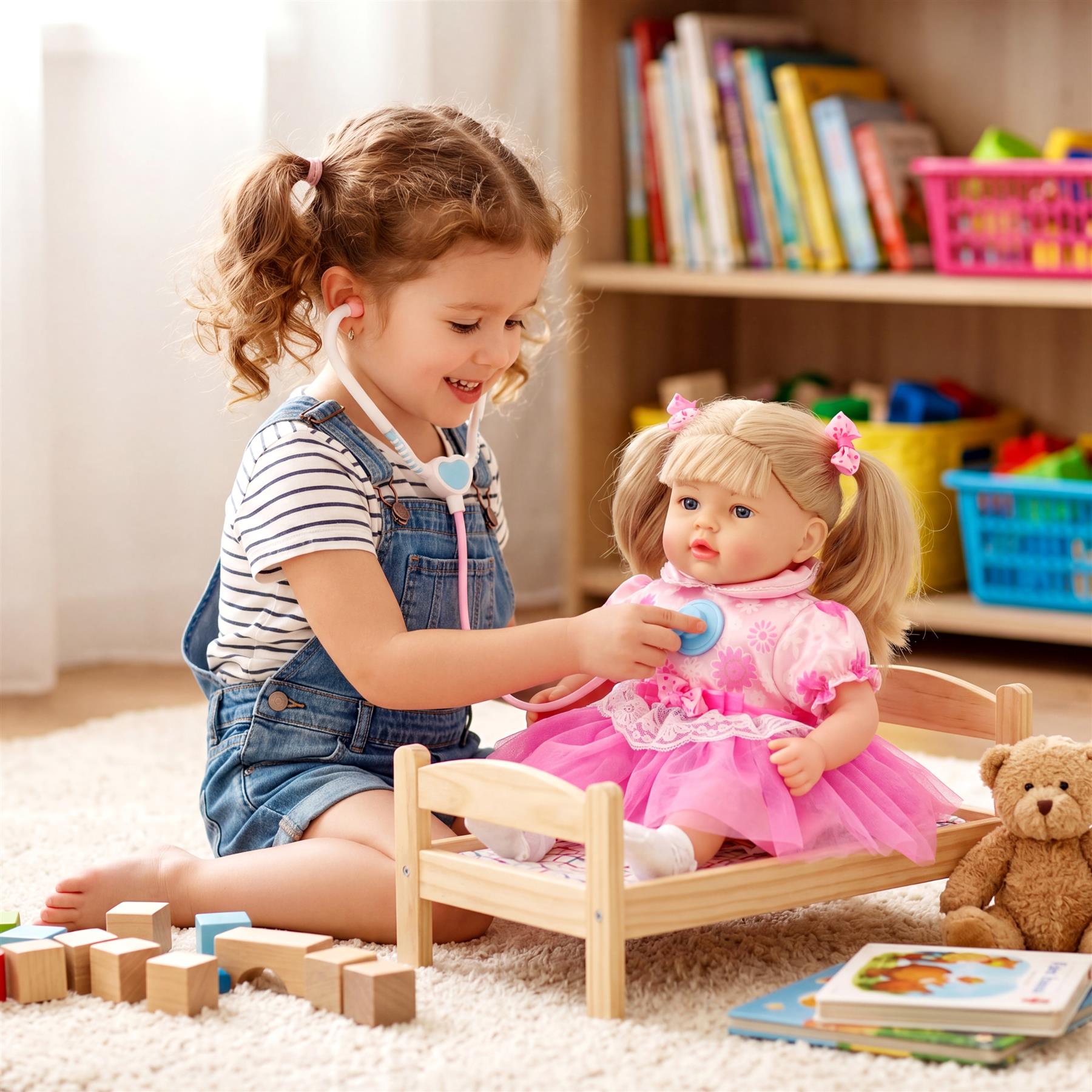Girl wearing overalls examines a blonde baby doll lying in a wooden crib.