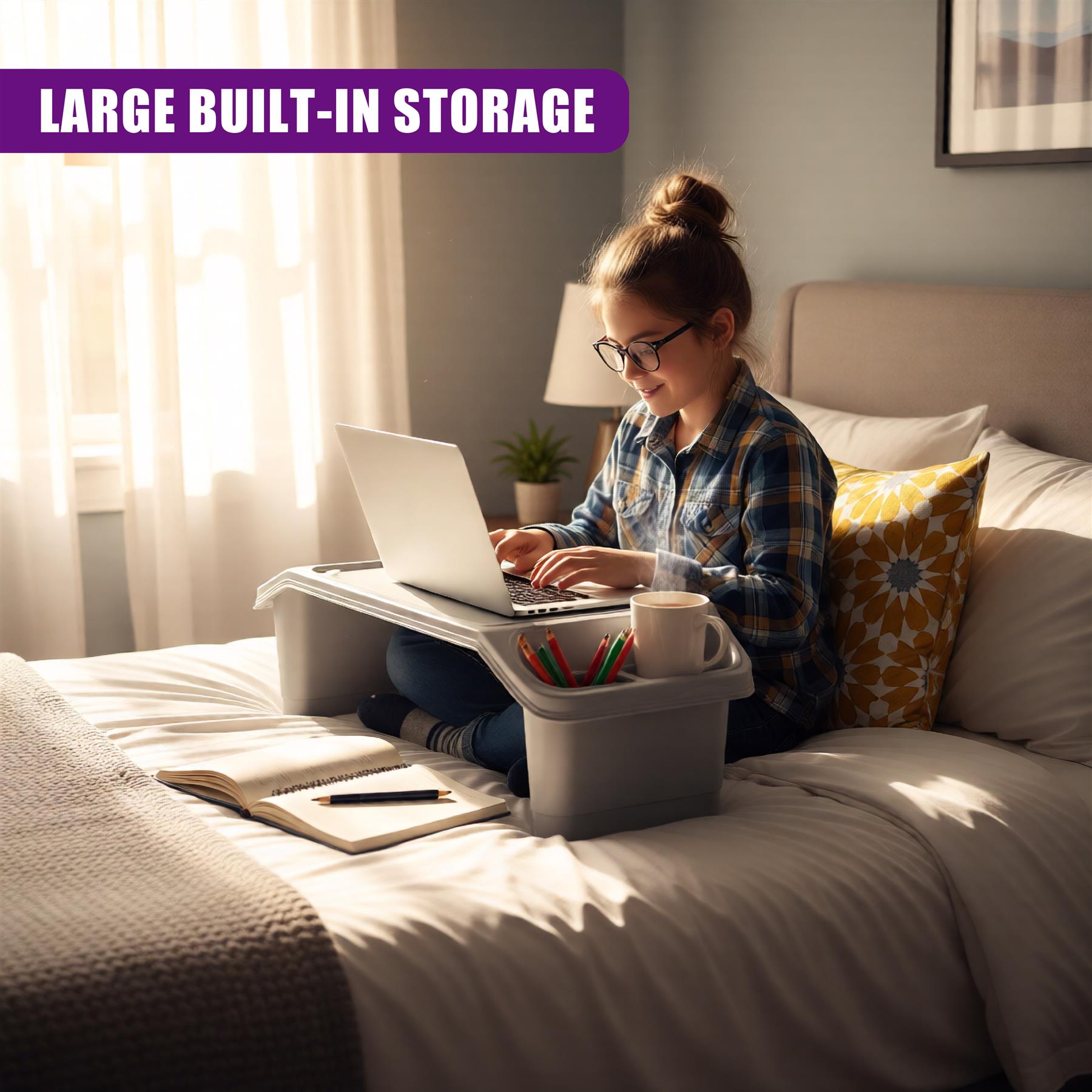 A young girl sits on a bed, surrounded by books and a laptop, using a portable desk with a built-in storage container. The desk has a flat surface and a storage compartment, allowing the girl to work or study in a comfortable and organized way. - The Magic Toy Shop