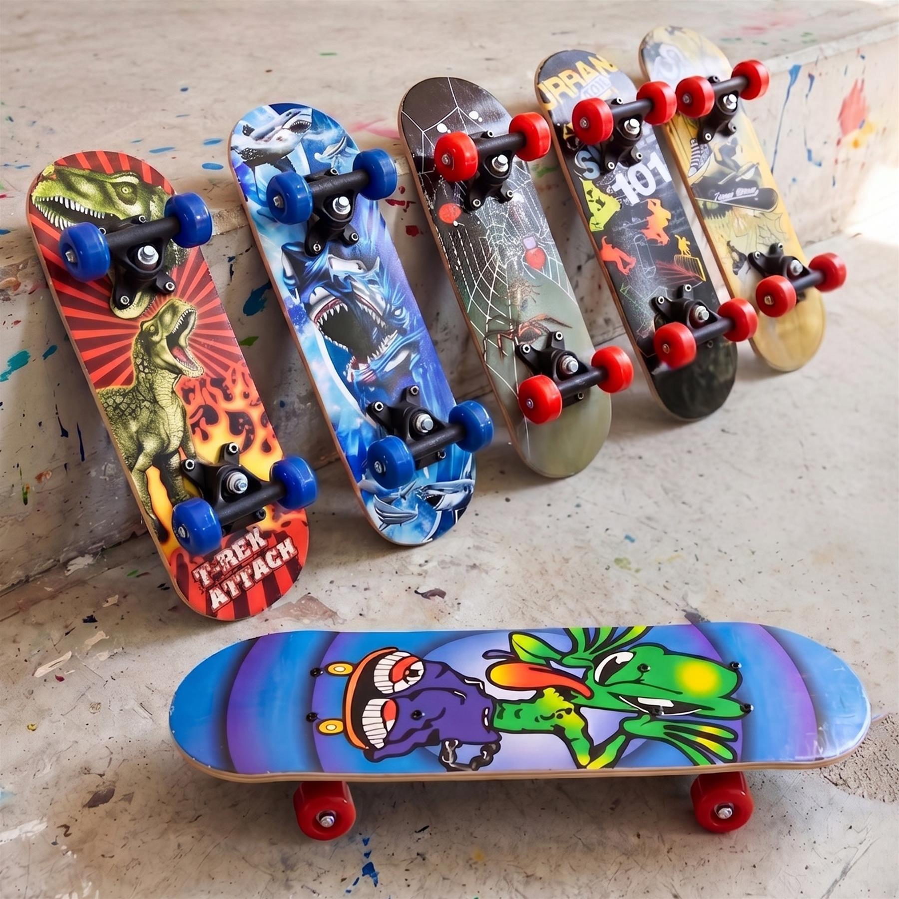 Blue skateboard featuring purple and green cartoon graphics, black trucks, and red wheels.