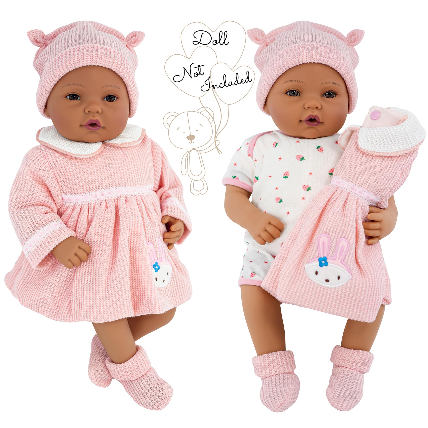Pink knitted outfits, hats, booties, and a separate bunny dress are displayed on two dolls.