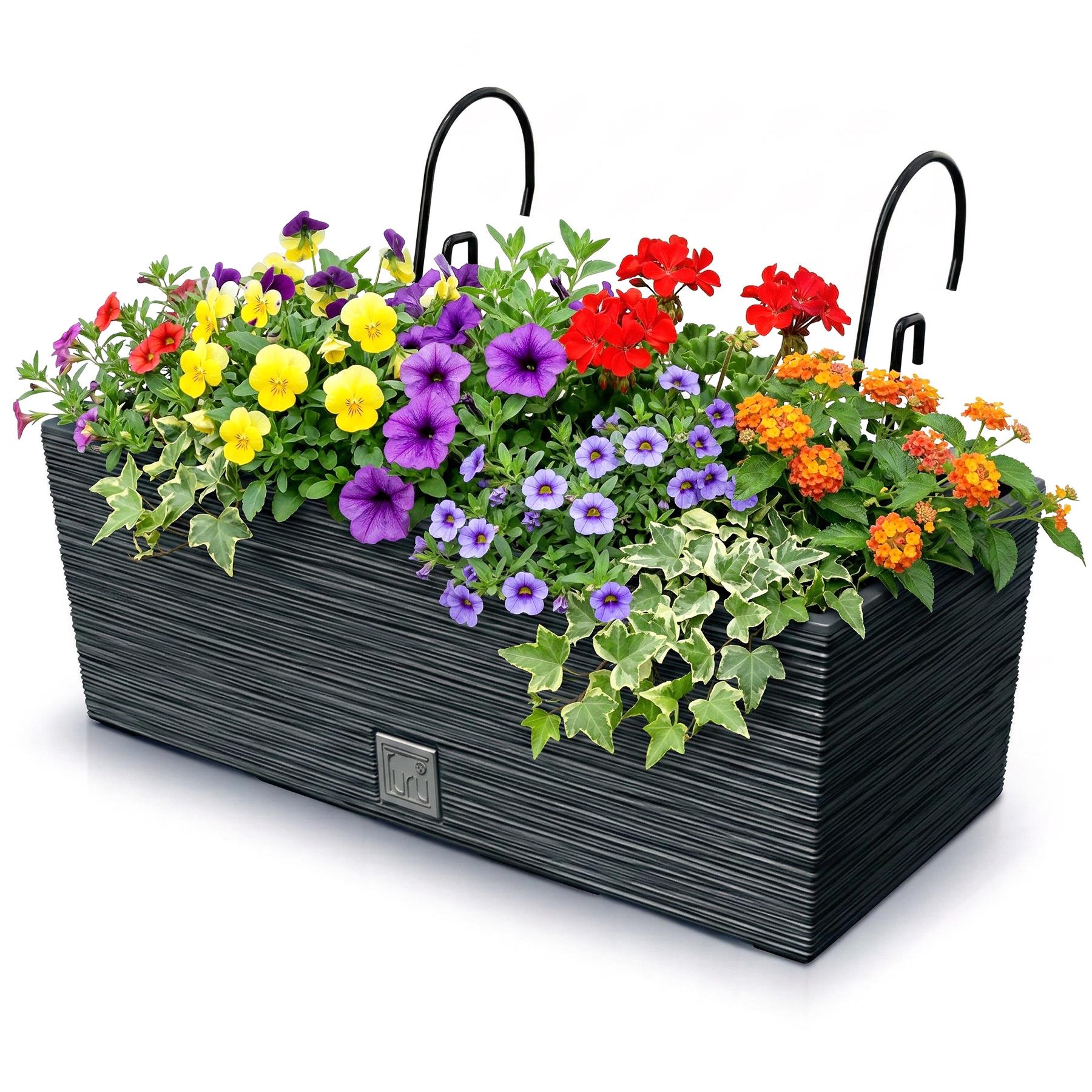 Rectangular black planter filled with mixed colorful flowers and green foliage.