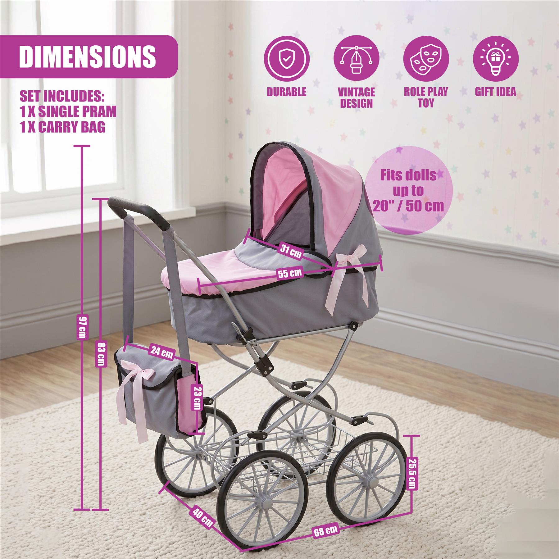 Detailed image of a pink and gray doll pram set, including a carriage and attached carry bag.