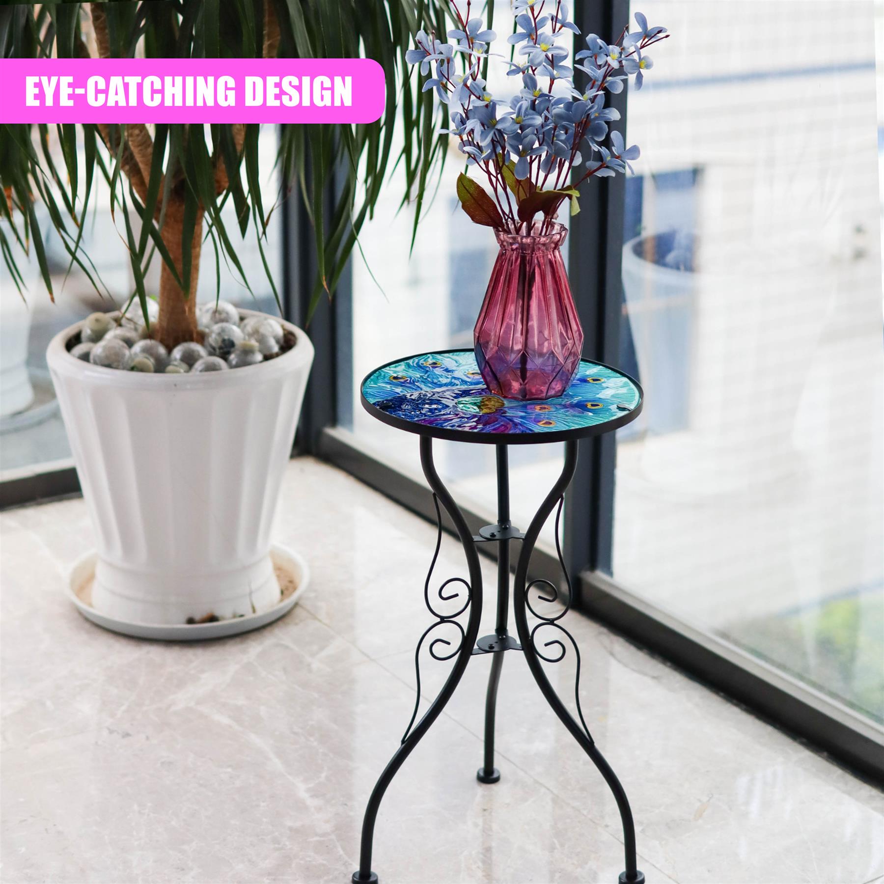 Round Side Mosaic Garden Table With Blue Peacock Design by Geezy - The Magic Toy Shop