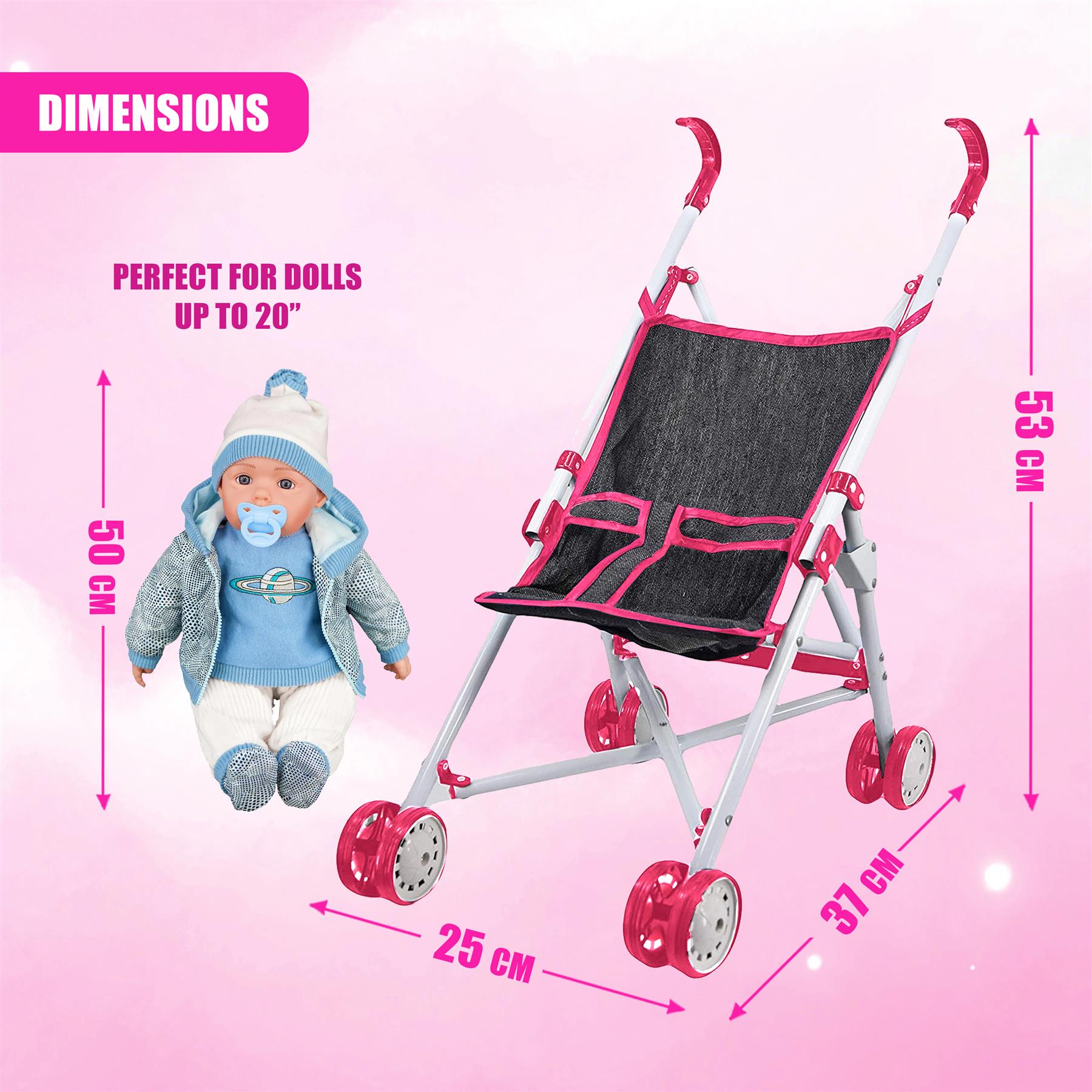 Pink Baby Doll Foldable Stroller by BiBi Doll - The Magic Toy Shop