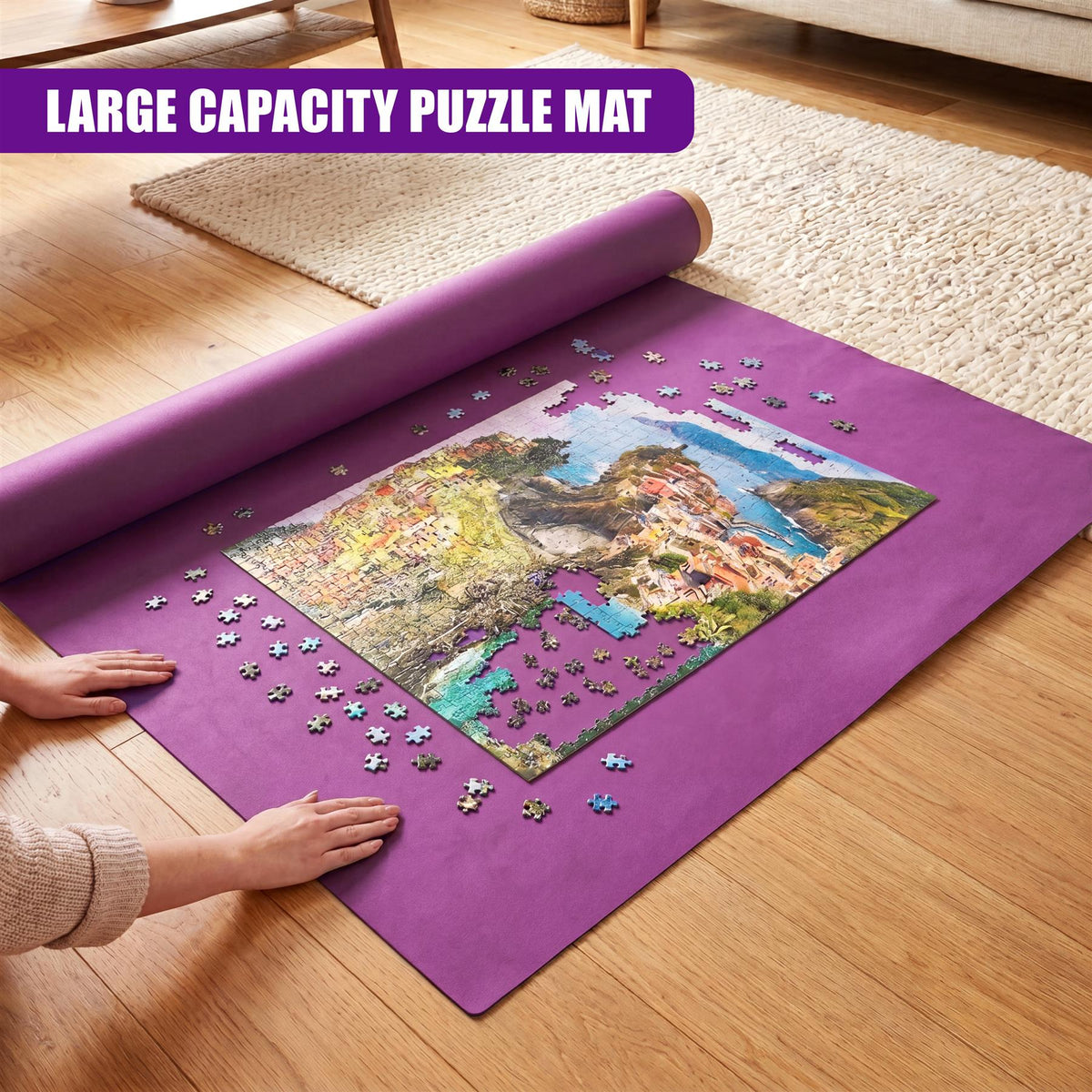 Giant jigsaw roll-up mat with a partially completed puzzle on a purple felt surface