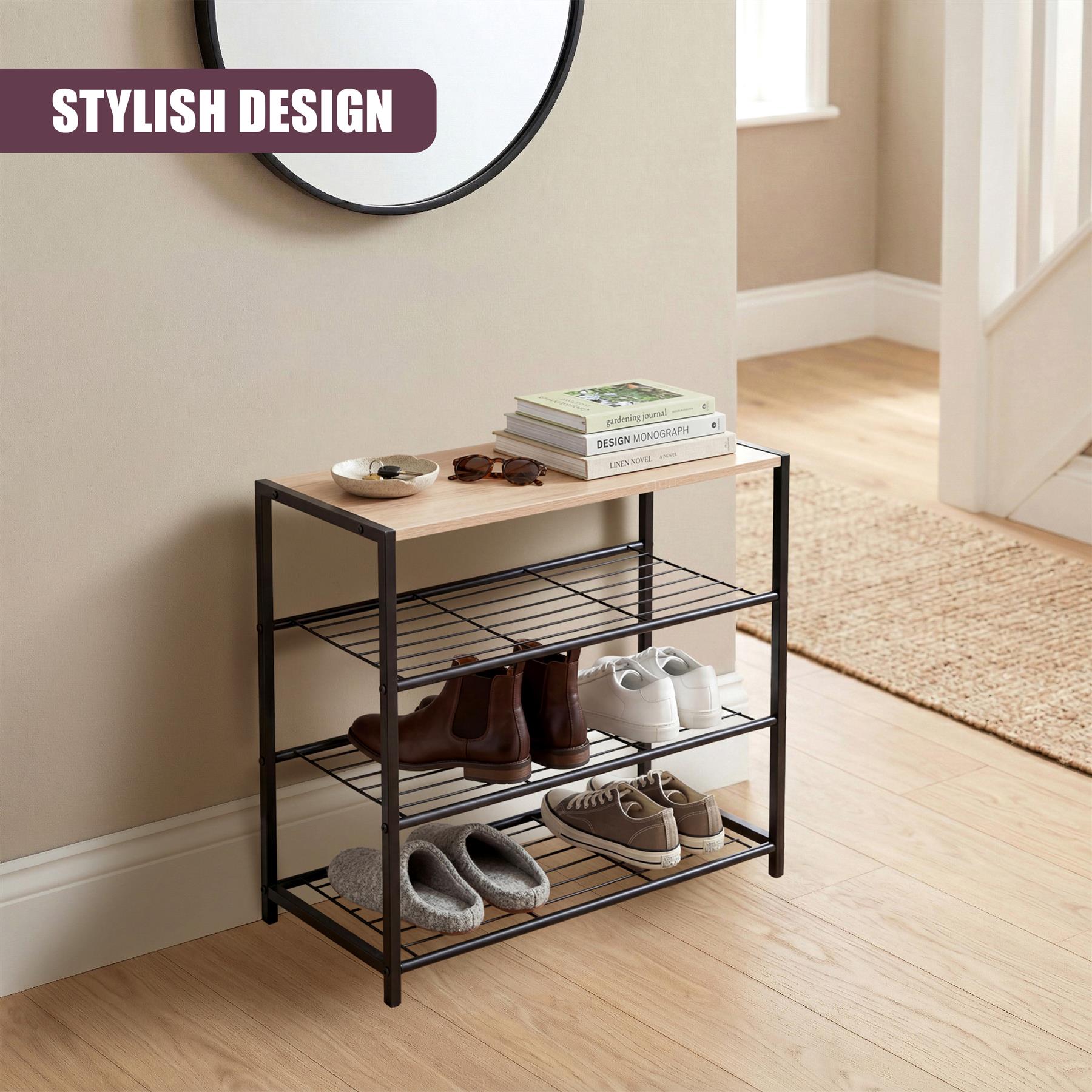 Black shoe rack with three tiers, holding various pairs of shoes and displaying books on the top surface.