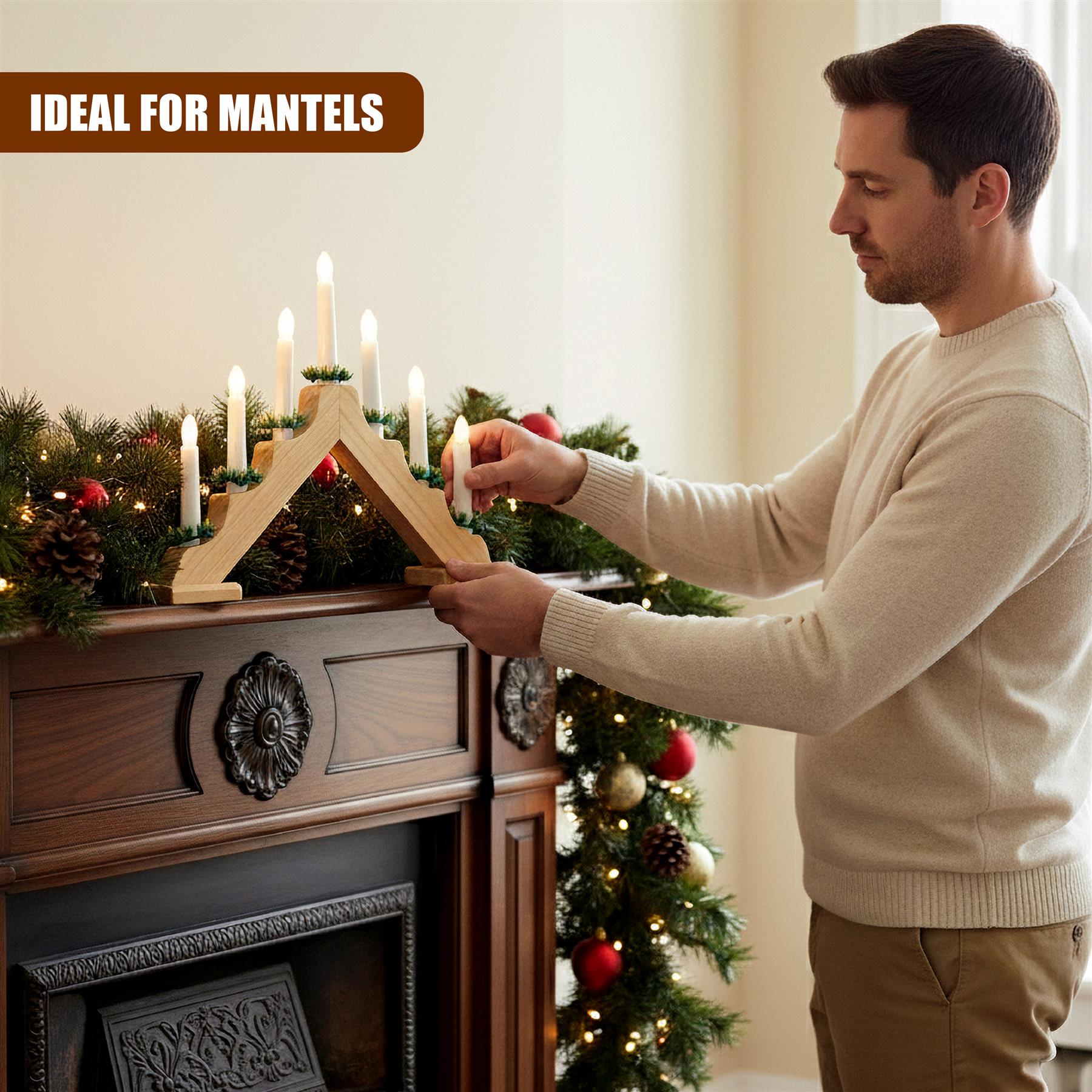 A man standing in front of a mantel, holding a wooden, candle-holding structure. The structure has multiple branches that hold multiple candles, creating a multi-candle, multi-branch, multi-peak, multi-peak, multi-peak, multi-peak, multi-peak, multi-peak, multi-peak, multi-peak, multi-peak, multi-peak, multi-peak, multi-peak, multi-peak, multi-peak, multi-peak, multi-peak, multi-peak, multi-peak, multi-peak, multi-peak, multi-peak, multi-peak, multi-peak, multi-peak, multi-peak, multi-… - The Magic Toy Shop